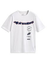 Alpinestars Abus CSF Tee, T-shirt met korte mouwen, wit, gebogen navyblauw Alpinestars-logo met rode omlijning, meerdere gestapelde graphics op de voorkant, casual motorsport streetwear