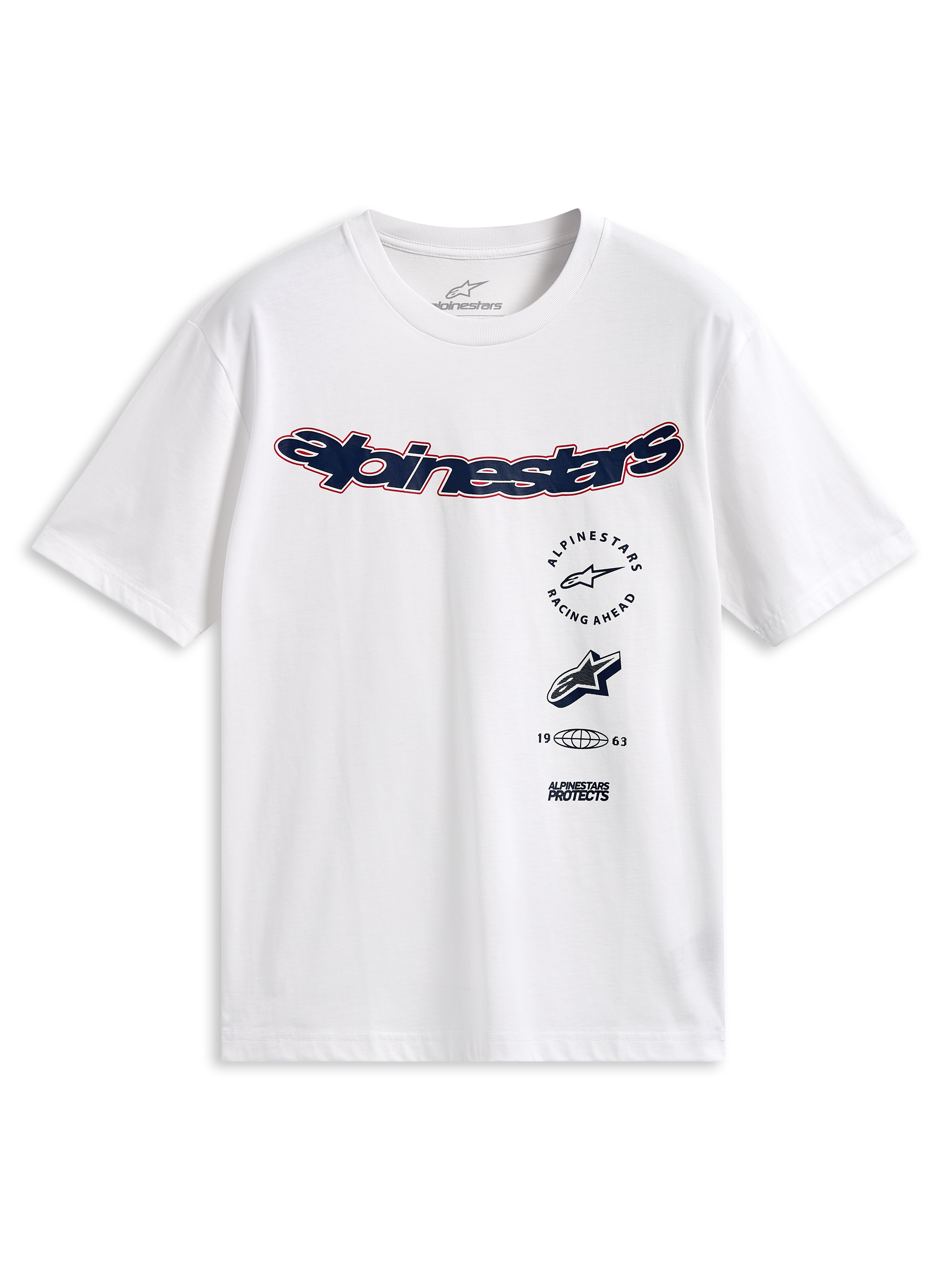 Alpinestars Abus CSF Tee, T-shirt met korte mouwen, wit, gebogen navyblauw Alpinestars-logo met rode omlijning, meerdere gestapelde graphics op de voorkant, casual motorsport streetwear