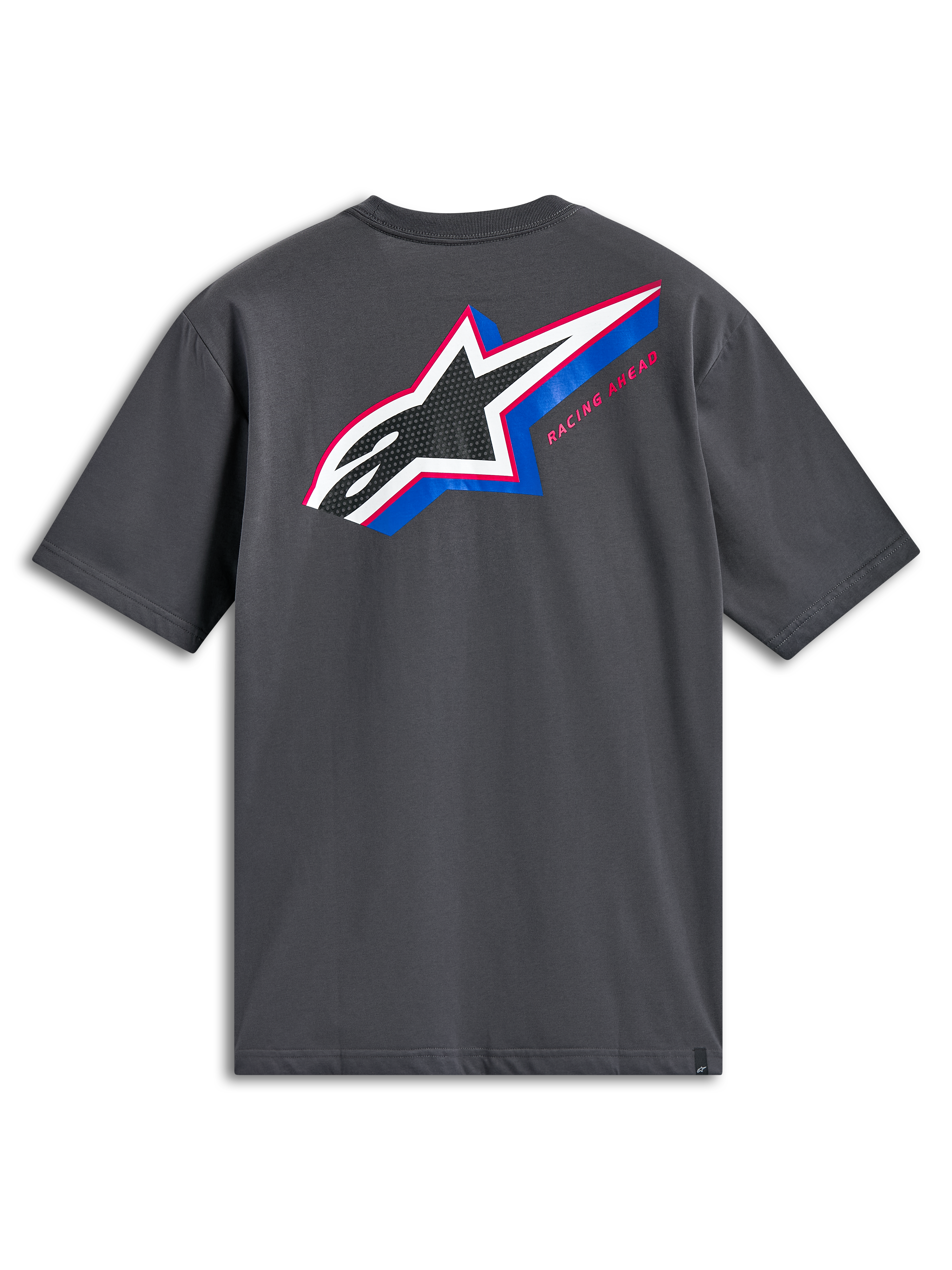 Alpinestars Angler CSF Tee, T-shirt met korte mouwen, antracietgrijs, achteraanzicht met groot meerkleurig Astars-logo met geperforeerde vulling, blauwe en roze accenten en de tekst 'Racing Ahead', casual motorsport streetwear