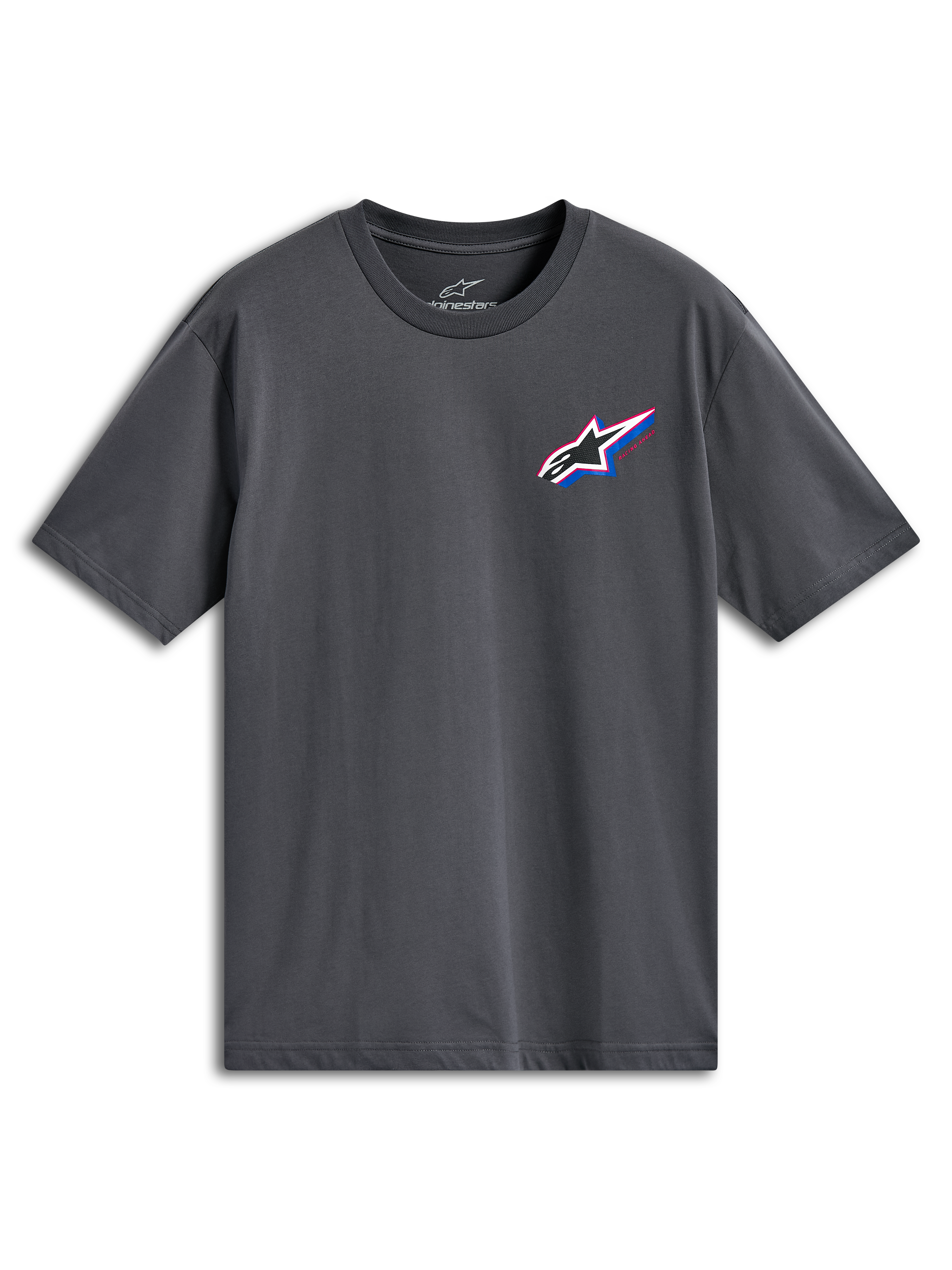 Alpinestars Angler CSF Tee, T-shirt met korte mouwen, houtskoolgrijs, meerkleurig Astars-logo op de linkerborst met rode en blauwe accenten, casual motorsport streetwear