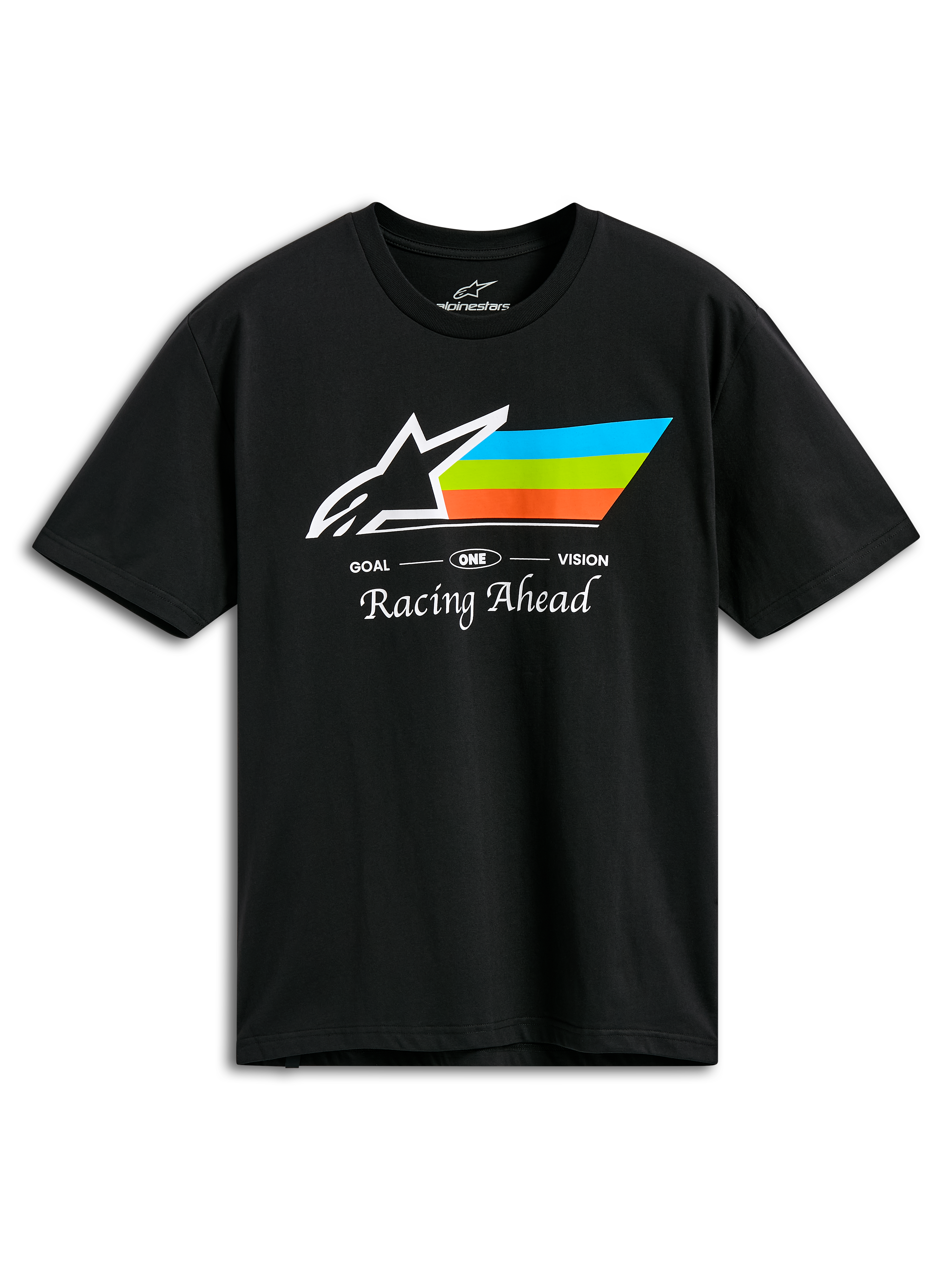 Alpinestars Trifecta CSF Tee, T-shirt met korte mouwen, zwart, voorzien van wit Astars-logo met cyaanblauwe, groene en oranje strepen, 'Racing Ahead' tekst, casual motorsport sportkleding