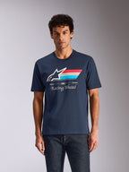 Alpinestars Trifecta CSF Tee, T-shirt met korte mouwen, donkerblauw, wit Astars-logo met rode, witte en blauwe driekleurige strepen, 'Racing Ahead' graphic, casual motorsport streetwear