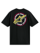 Alpinestars Aorbit CSF Tee, Short Sleeve T-Shirt, Black, Large Circular Back Graphic with Always Fast Made to Last text and Yellow A-star logo, Casual Motorsport Streetwear