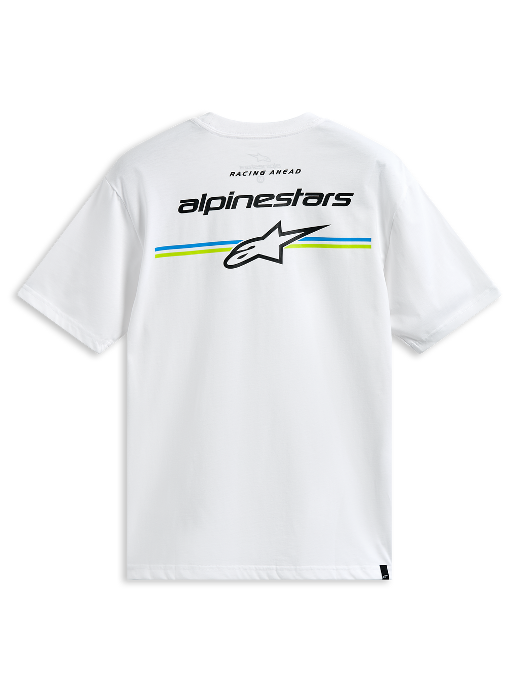 Alpinestars Lanes CSF Tee, Short Sleeve T-Shirt, White, featuring Alpinestars wordmark and Astars logo over blue and lime green stripes on the back, Casual Motorsport Streetwear