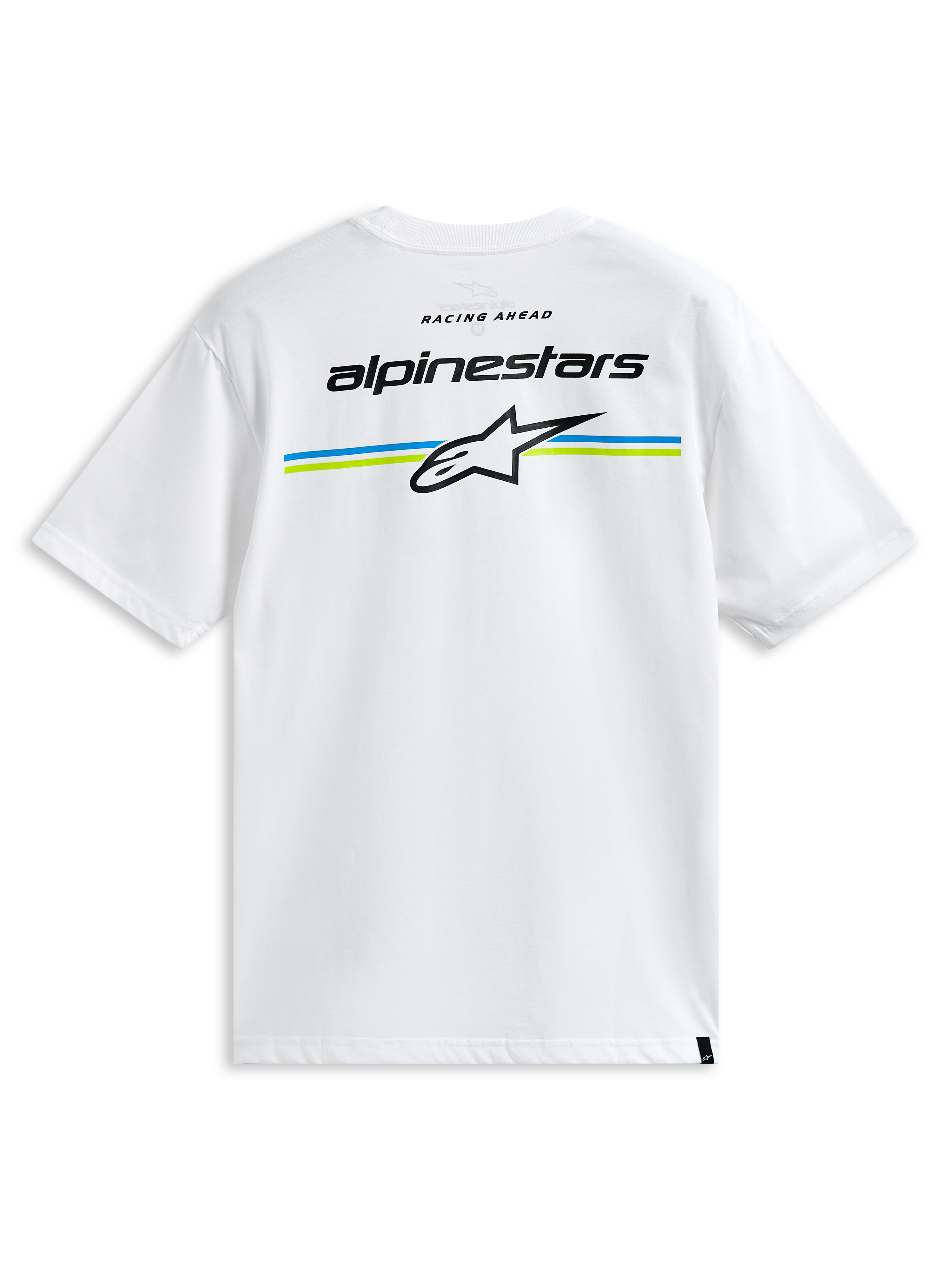 Alpinestars Lanes CSF Tee, Short Sleeve T-Shirt, White, featuring Alpinestars wordmark and Astars logo over blue and lime green stripes on the back, Casual Motorsport Streetwear