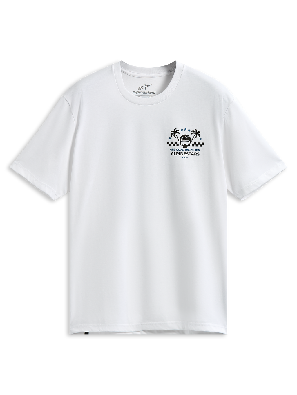 Alpinestars Order CSF Tee, Short Sleeve T-Shirt, White, Chest Graphic with Palm Trees and Racing Helmet, One Goal One Vision Text, Casual Motorsport Sportswear