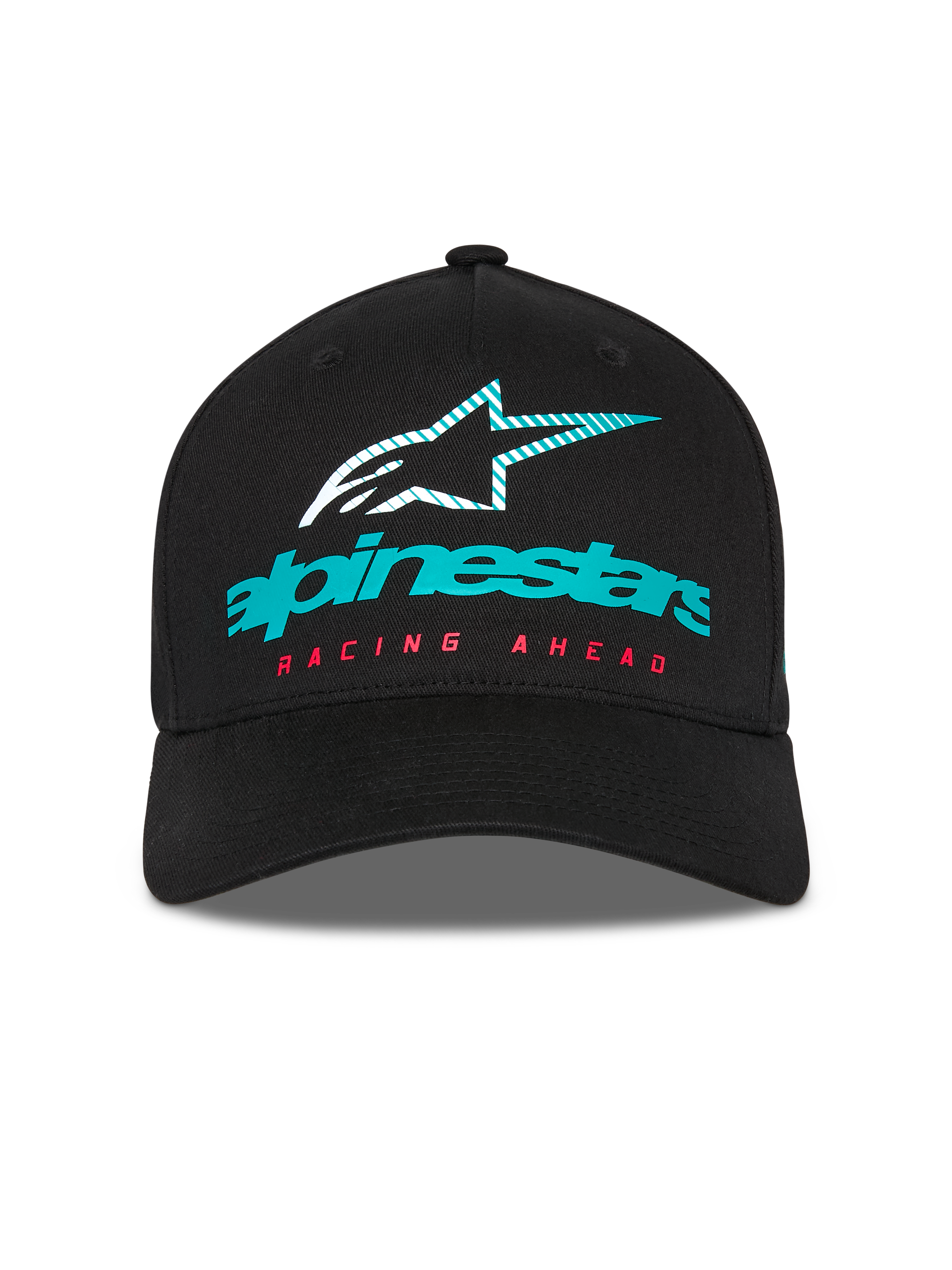 Alpinestars Instinct Hat, structured baseball cap, Black, featuring a teal Alpinestars logo with a striped star icon and red 'RACING AHEAD' text, curved bill, casual motorsport streetwear