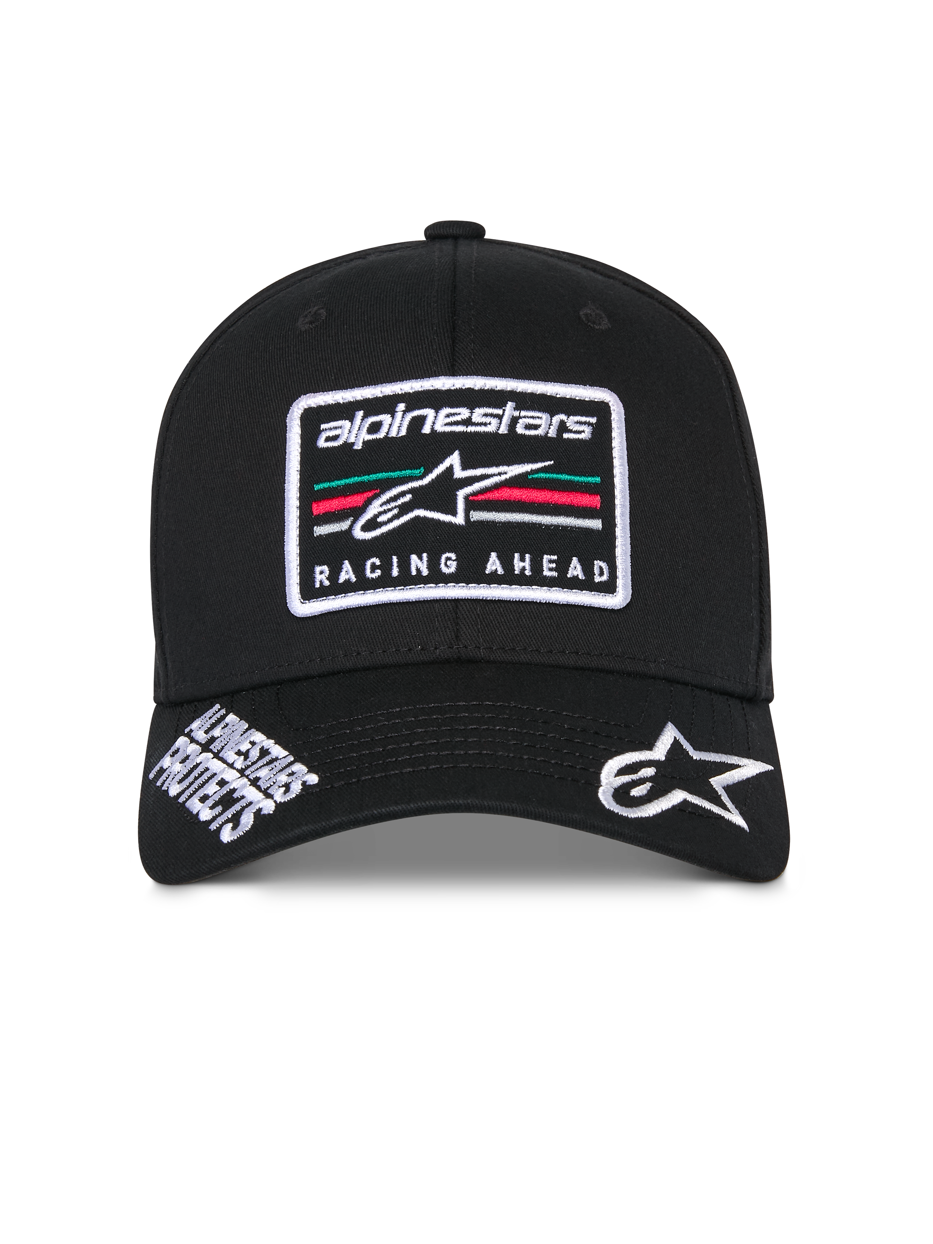 Alpinestars Surpass Hat, Black structured baseball cap, curved bill with white embroidered Astars logo and 'Alpinestars Protects' text, front 'Racing Ahead' logo patch with multi-colored stripes, casual motorsport-inspired headwear