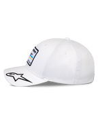 Alpinestars Surpass Hat, Structured Baseball Cap, White, curved bill with embroidered black and white star logo, side profile view showing front Astars logo patch, casual motorsport-inspired headwear