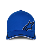 Alpinestars Corp Shift Relay pet, blauw, gestructureerde baseballcap met gebogen klep, voorzien van zwart 3D Astars-logoborduurwerk met witte omlijning, zwart-witte sandwich-afwerking op de klep, casual motorsport streetwear