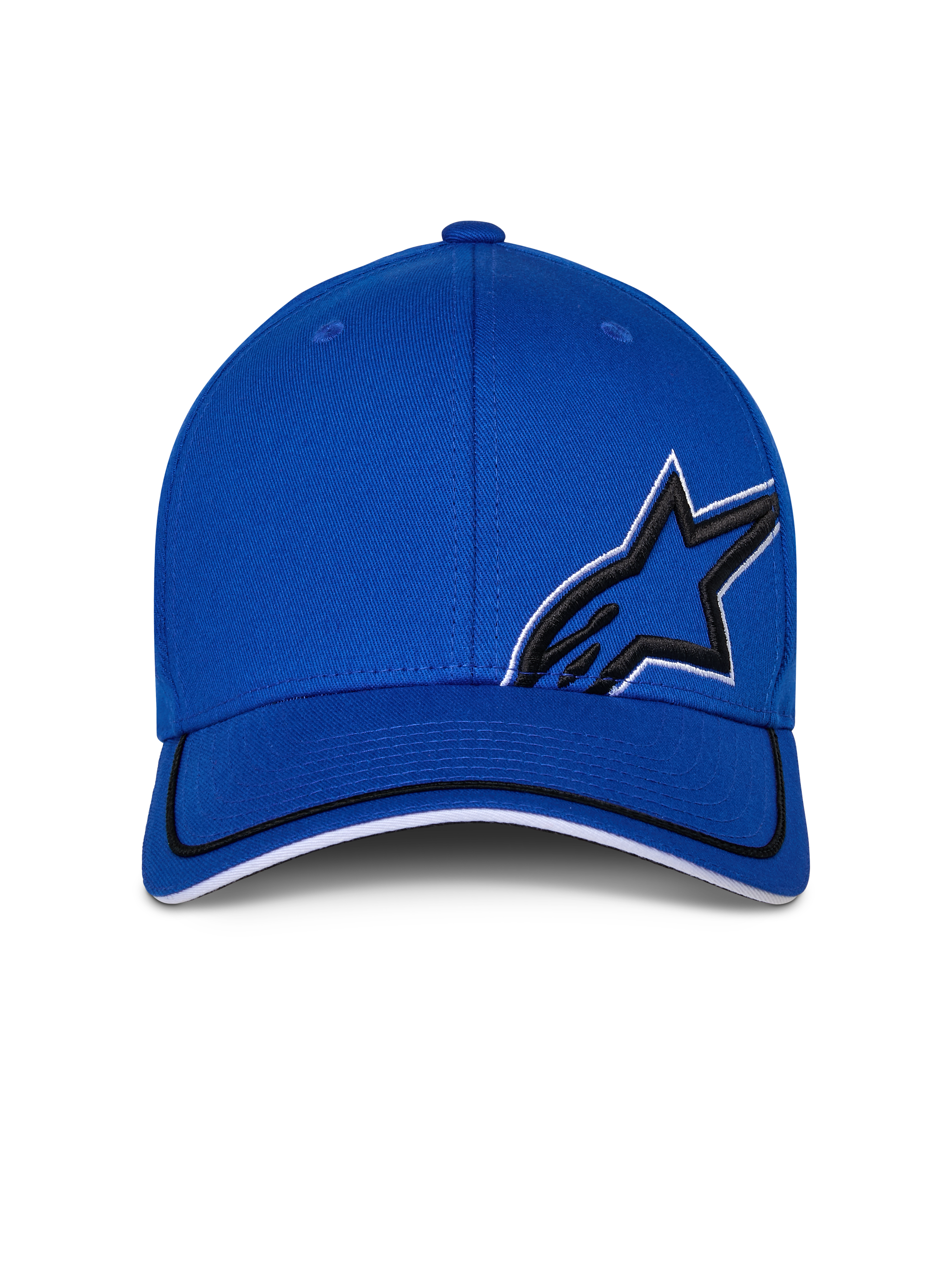 Alpinestars Corp Shift Relay pet, blauw, gestructureerde baseballcap met gebogen klep, voorzien van zwart 3D Astars-logoborduurwerk met witte omlijning, zwart-witte sandwich-afwerking op de klep, casual motorsport streetwear