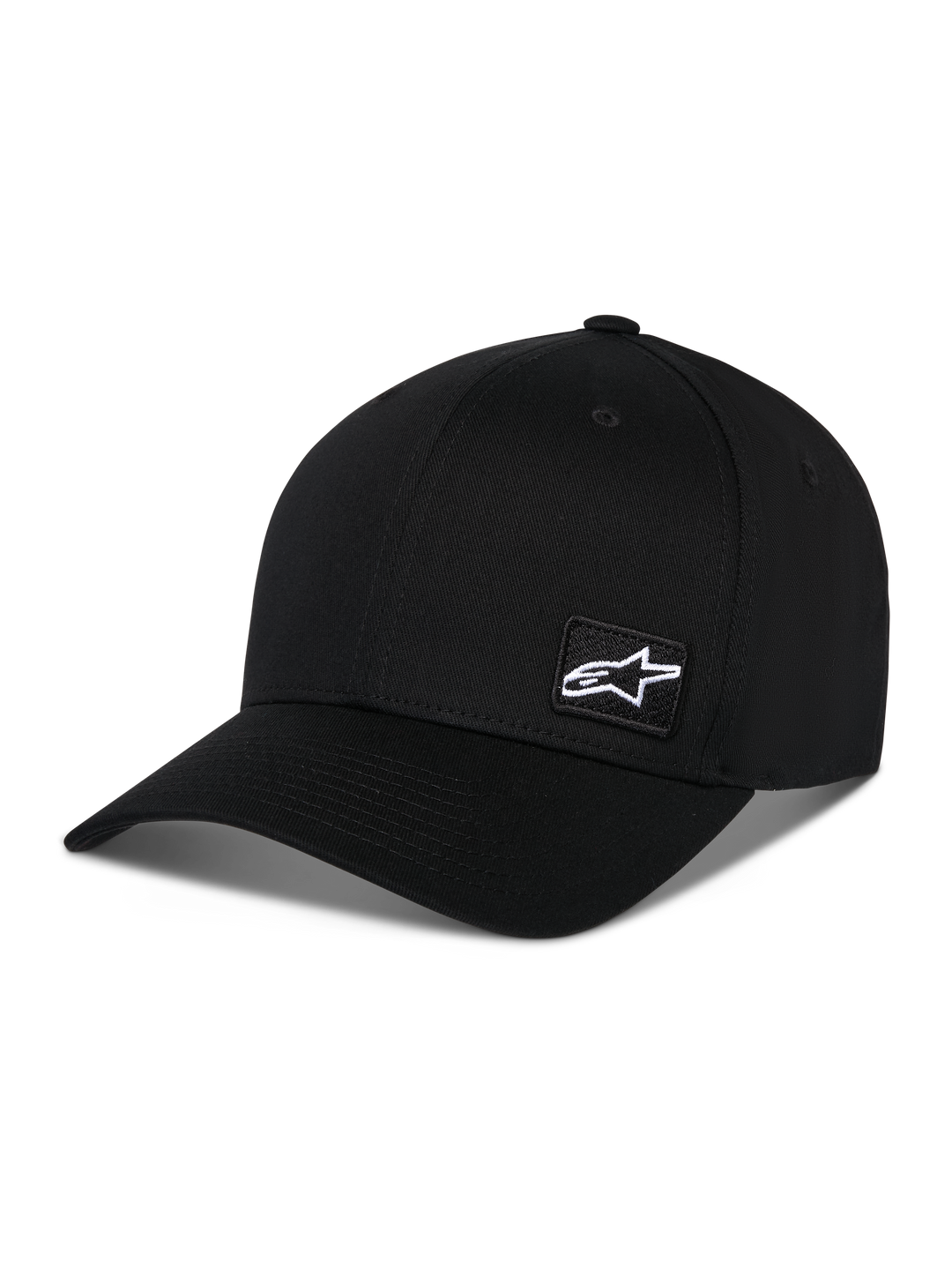 Alpinestars Pivot pet, zwarte sportpet met gebogen klep en gestructureerde kroon, kleine witte Astars-logopatch aan de zijkant, casual motorsport-geïnspireerd ontwerp