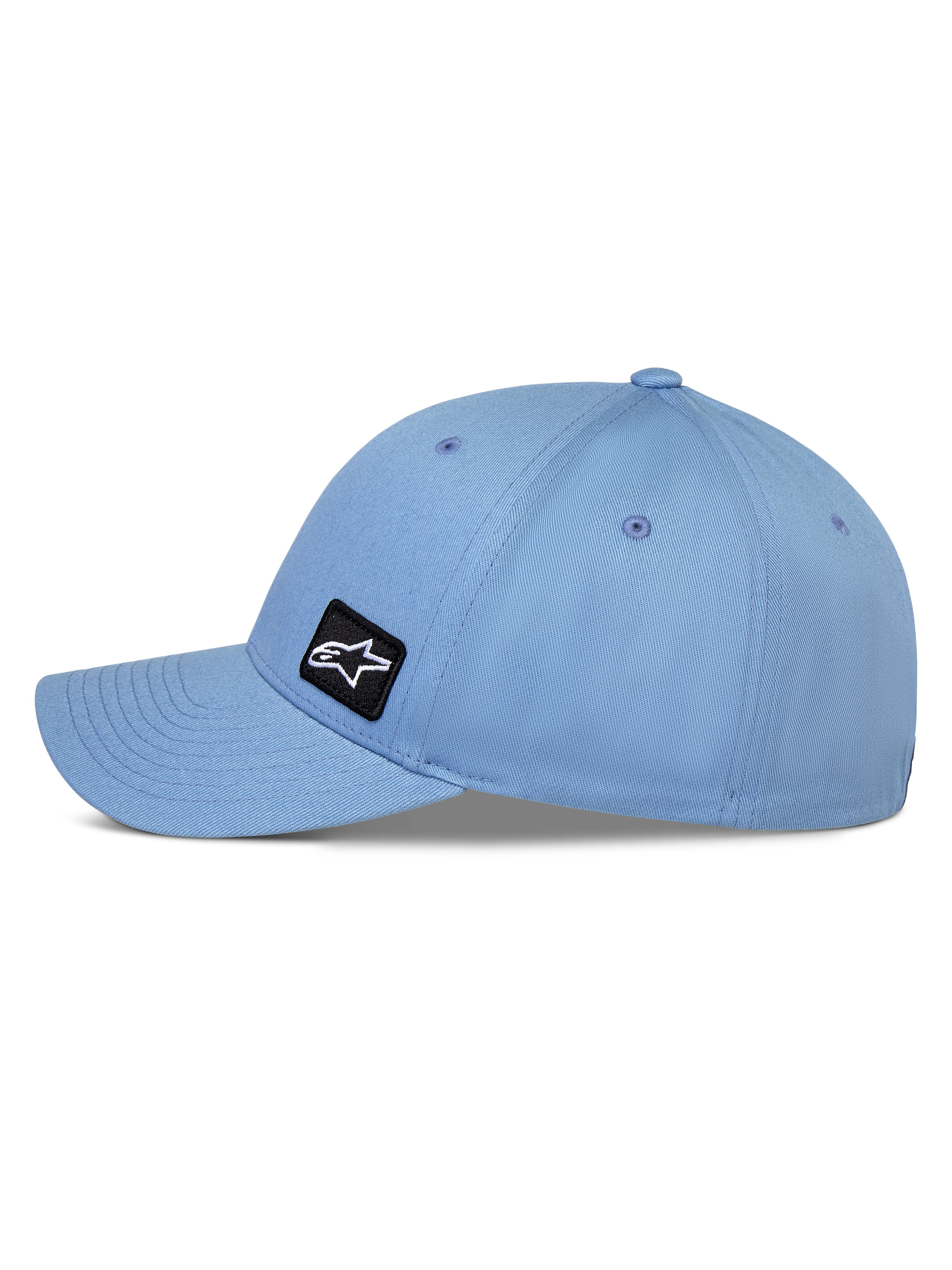 Alpinestars Pivot Hat, Blue, curved bill baseball-style cap, side view showing structured crown and twill fabric, small black Astars logo embroidery patch, casual motorsport-inspired sportswear