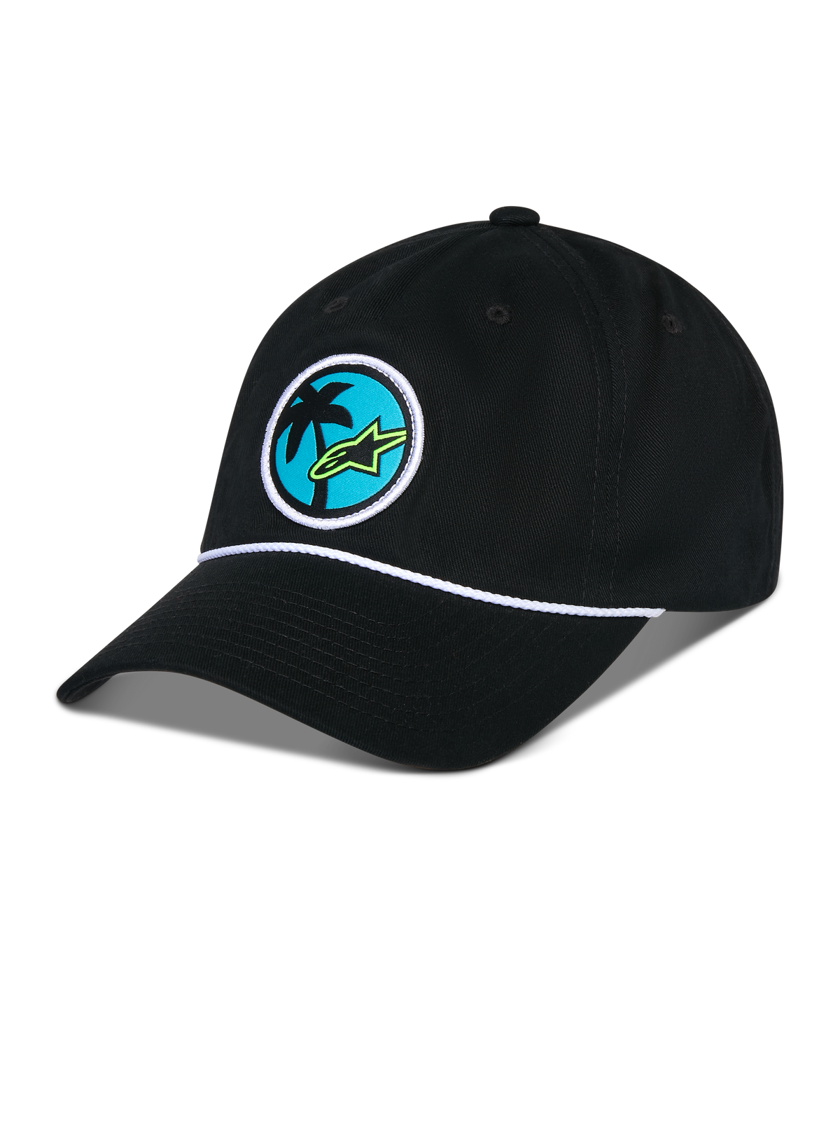 Alpinestars Calipalm Strapback pet, zwart, ongestructureerde lage kroon met gebogen klep, wit koorddetail, ronde patch op de voorzijde met een palmboom en limegroen Astars-logo, casual sportkleding