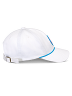 Alpinestars Calipalm Strapback Hat, White, Side view showing curved bill and unstructured low crown, blue rope accent at the base, adjustable rear strap with metal buckle, casual cotton twill sportswear
