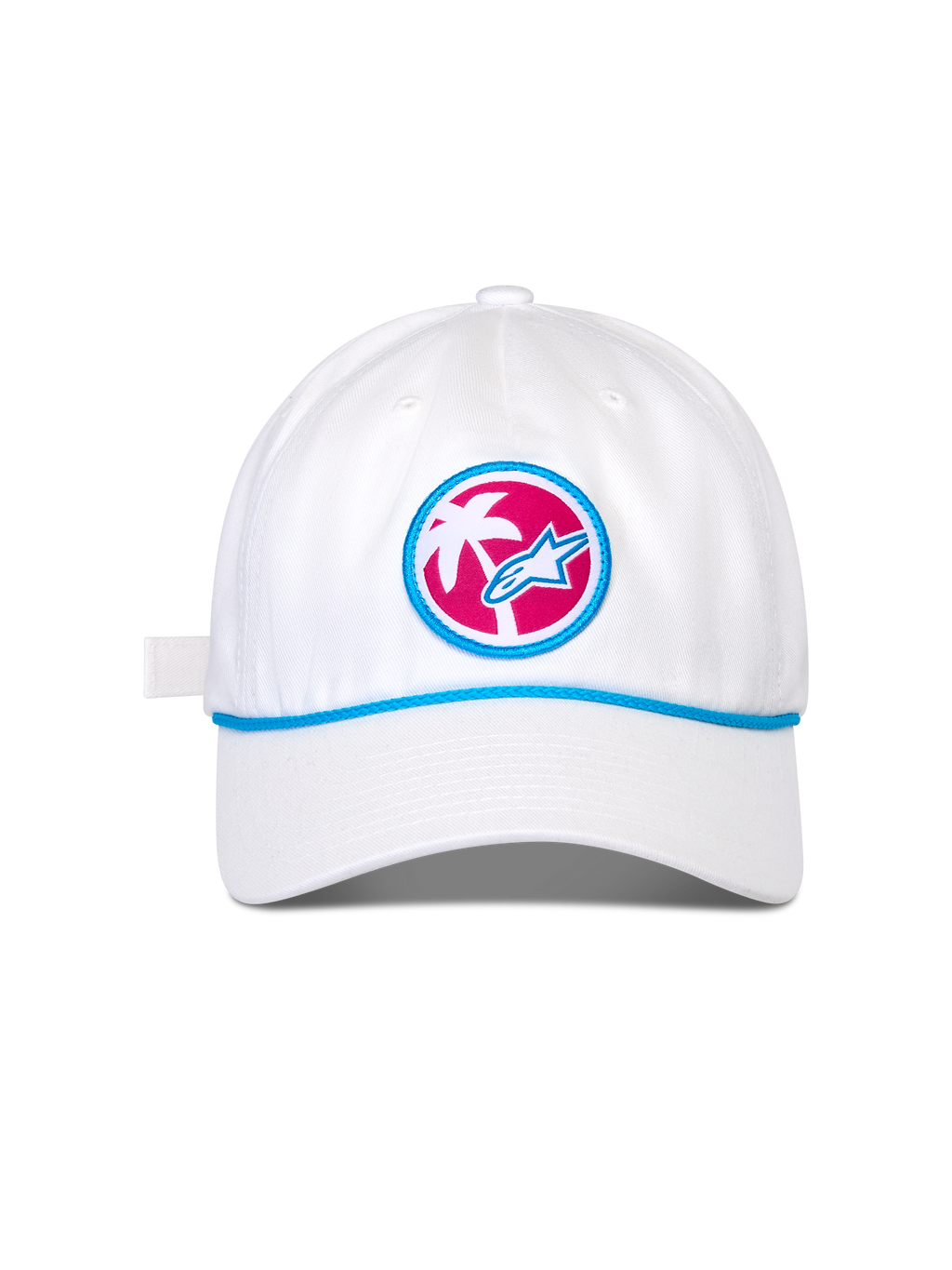 Alpinestars Calipalm Strapback Hat, white baseball cap, curved bill with blue cord detail, circular front patch featuring a pink background with a white palm tree and blue Astars logo, casual sportswear headwear