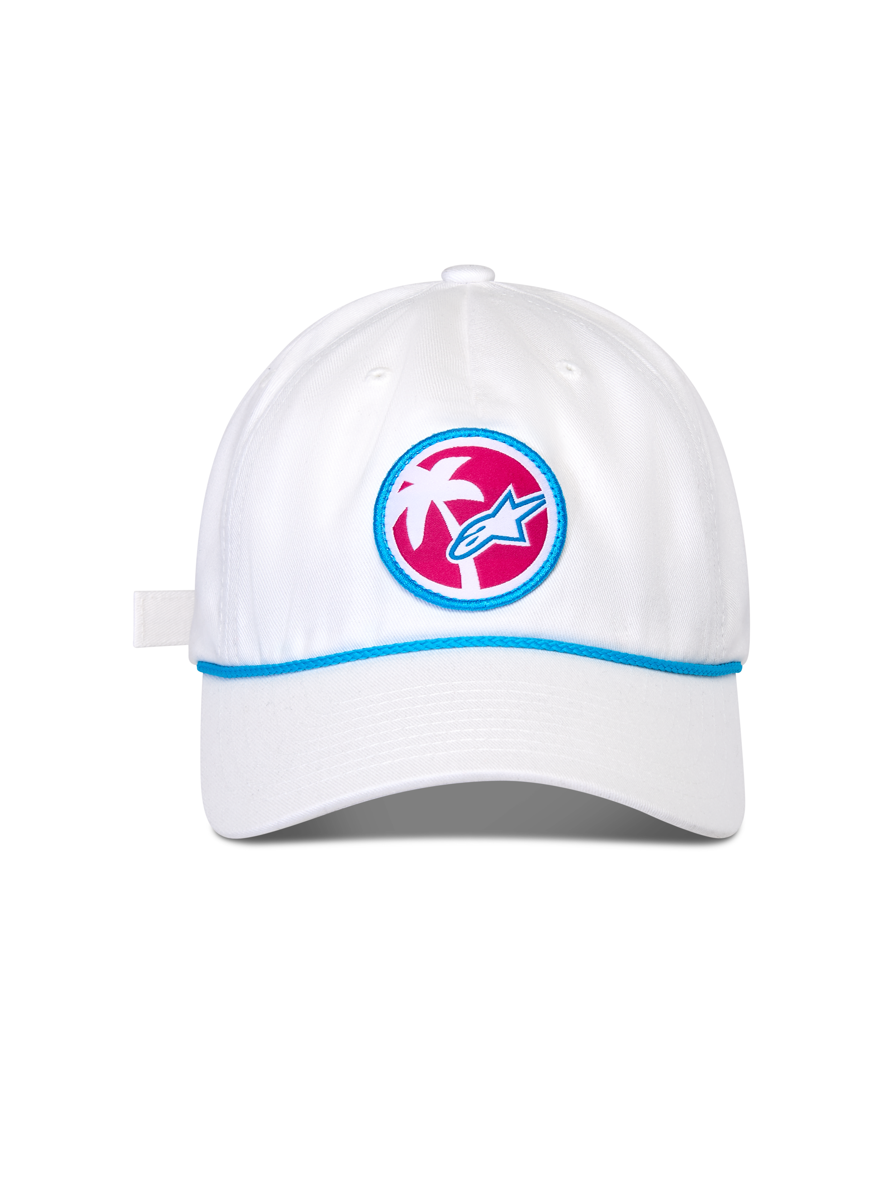 Alpinestars Calipalm Strapback Hat, white baseball cap, curved bill with blue cord detail, circular front patch featuring a pink background with a white palm tree and blue Astars logo, casual sportswear headwear
