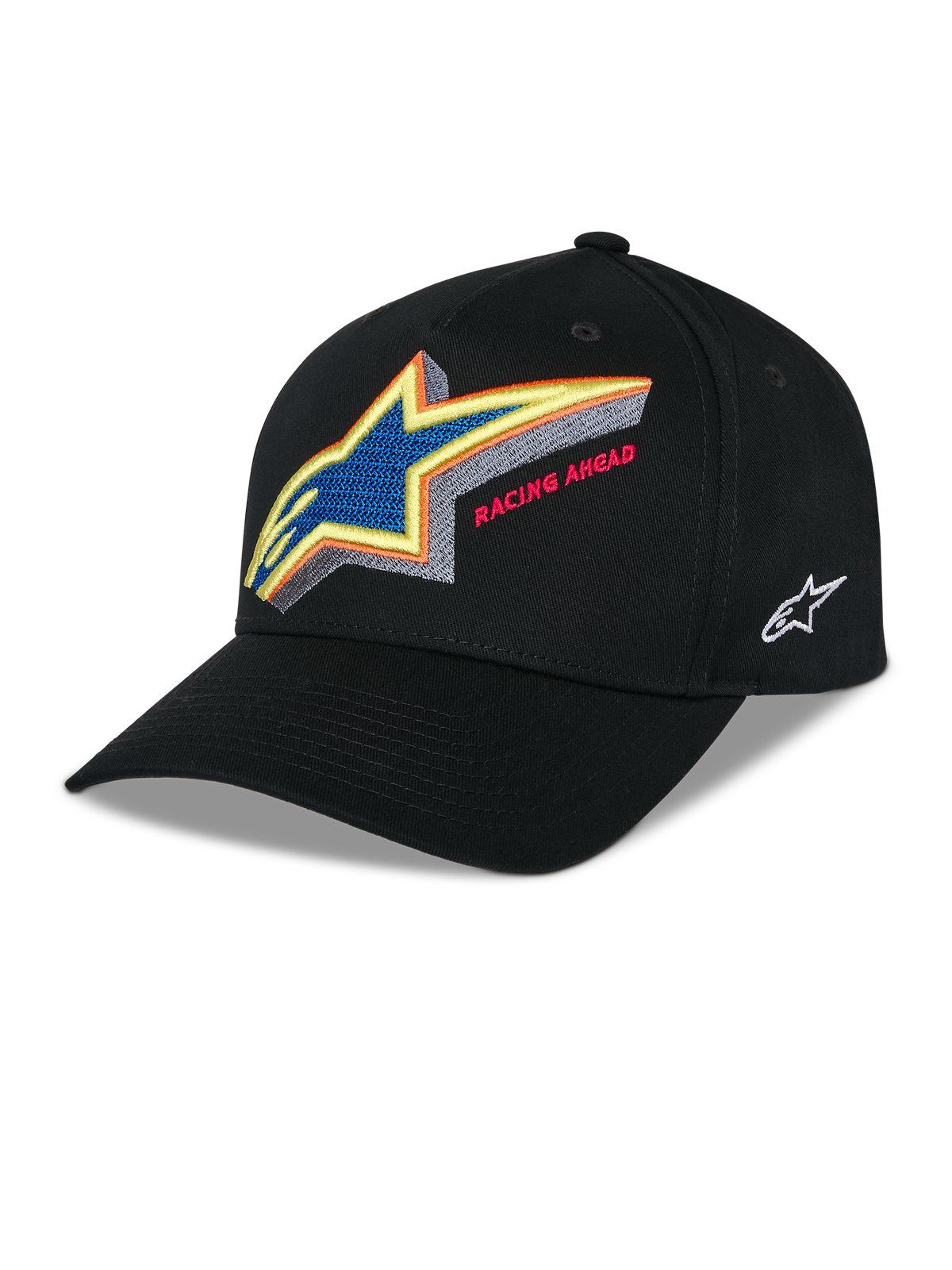 Alpinestars Lucid Snapback pet, zwarte gestructureerde baseballcap, levendig meerkleurig geborduurd Astars-logo met 'Racing Ahead' tekst op de voorkant, gebogen klep, wit geborduurd logo aan de zijkant, casual motorsport headwear