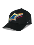 Alpinestars Lucid Snapback Hat, Black structured baseball cap, vibrant multi-color embroidered Astars logo with 'Racing Ahead' text on the front, curved bill, white side logo embroidery, casual motorsport headwear