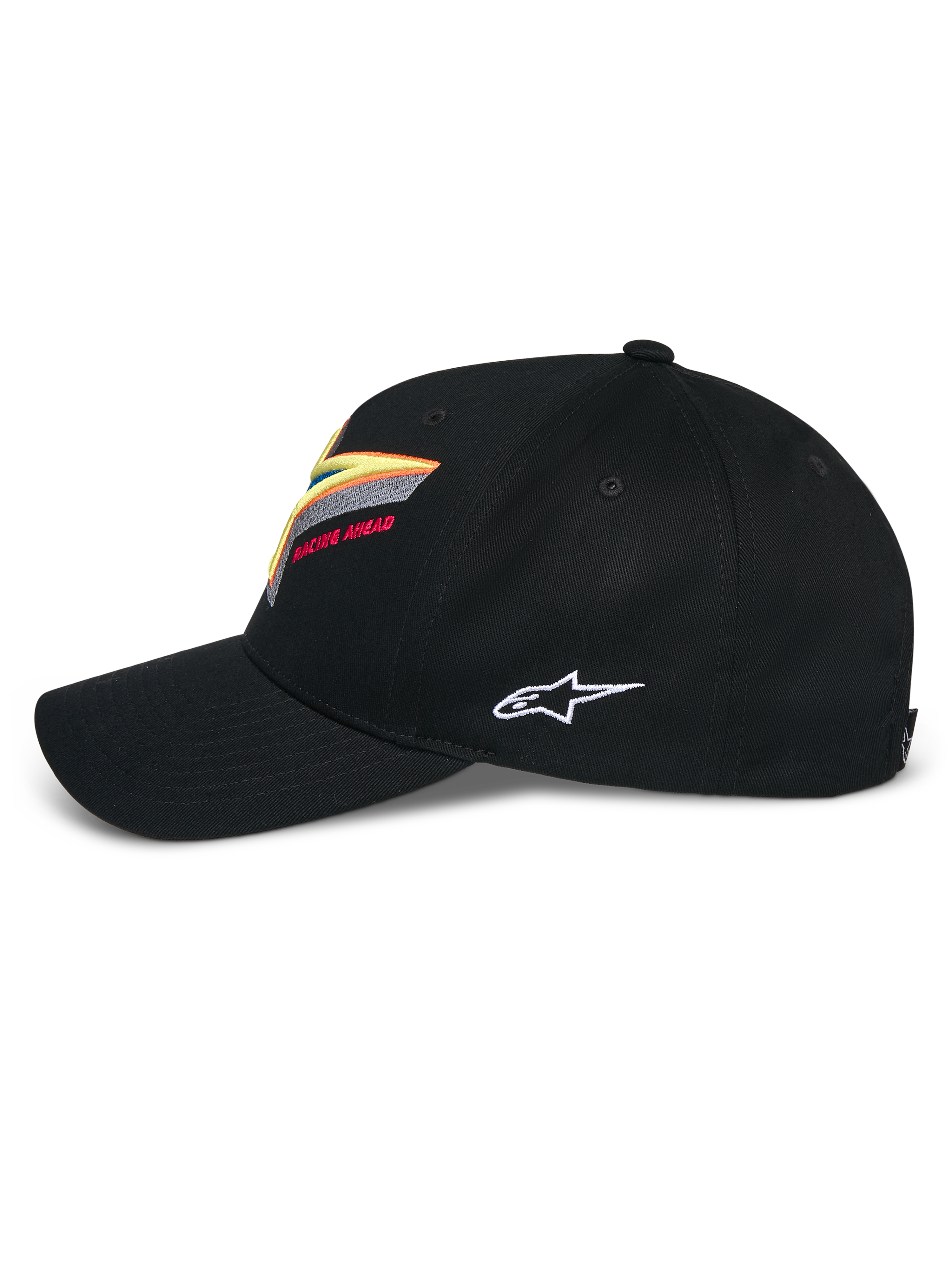 Alpinestars Lucid Snapback Hat, Black, structured crown with curved bill, featuring vibrant multi-color Astars logo embroidery on front and white side logo, casual motorsport-inspired sportswear