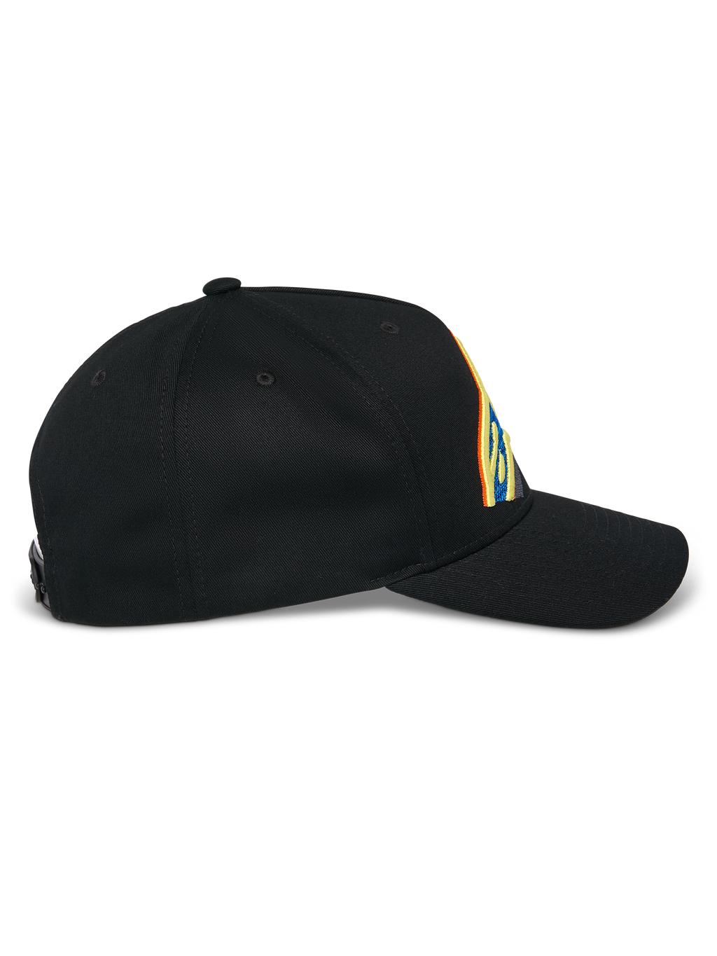 Alpinestars Lucid Snapback Hat, Black, side profile view, curved bill with structured crown, featuring vibrant multi-color logo embroidery, 100% cotton twill fabric.
