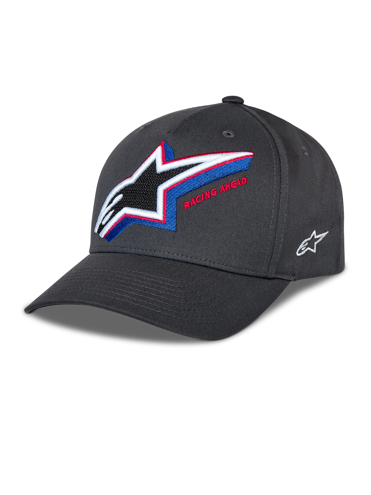 Alpinestars Lucid Snapback pet, houtskoolgrijze baseballcap, gebogen klep met gestructureerde kroon, groot meerkleurig geborduurd Astars-logo op de voorkant met 'Racing Ahead'-tekst, klein wit logo aan de zijkant, casual motorsportstijl