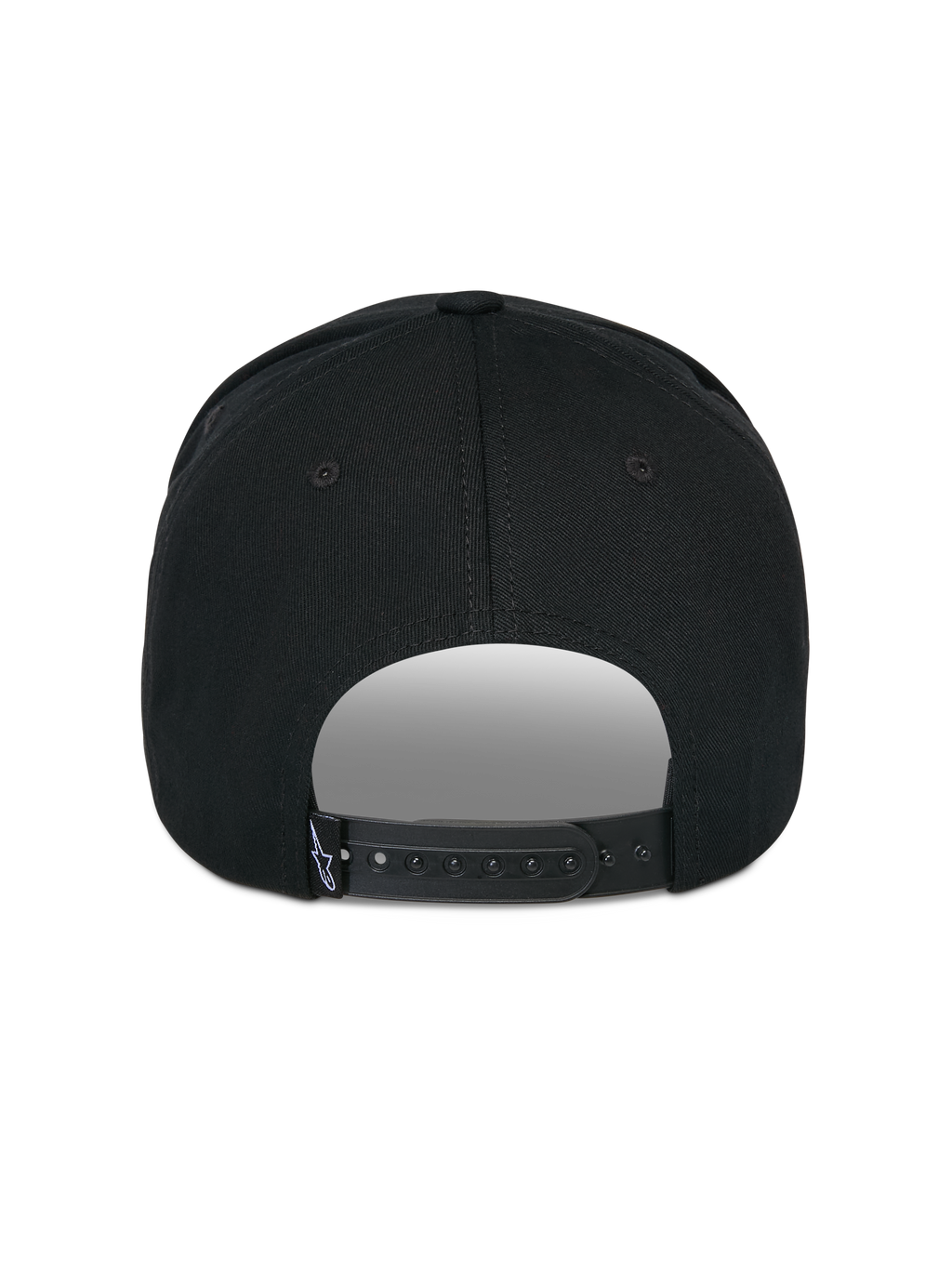 Alpinestars Matrix Snapback pet, zwart, achteraanzicht, met verstelbare snapback-sluiting en een klein wit logo-label, gestructureerde kroon en gebogen klep, casual motorsport-geïnspireerde streetwear