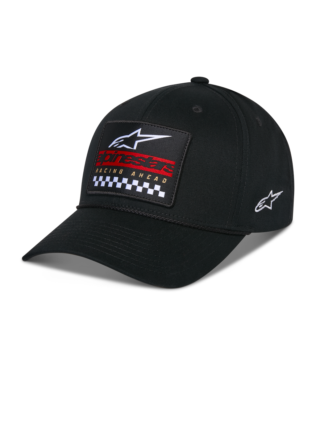 Alpinestars Matrix Snapback pet, zwart, gebogen klep met gestructureerde kroon, meerkleurige borduurpatch aan de voorzijde met Alpinestars-logo, rode branding en geblokt patroon, geborduurd logo aan de zijkant, casual motorsport-hoofddeksel