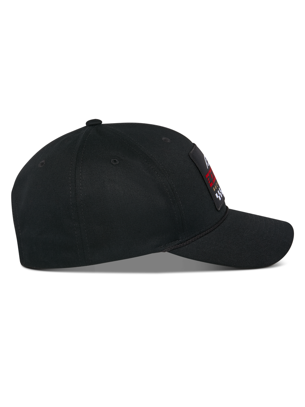 Alpinestars Matrix Snapback pet, zijprofiel, zwarte katoenen twill pet met een gebogen klep en gestructureerde kroon, voorzien van een meerkleurige geborduurde patch op de voorkant, casual motorsport streetwear