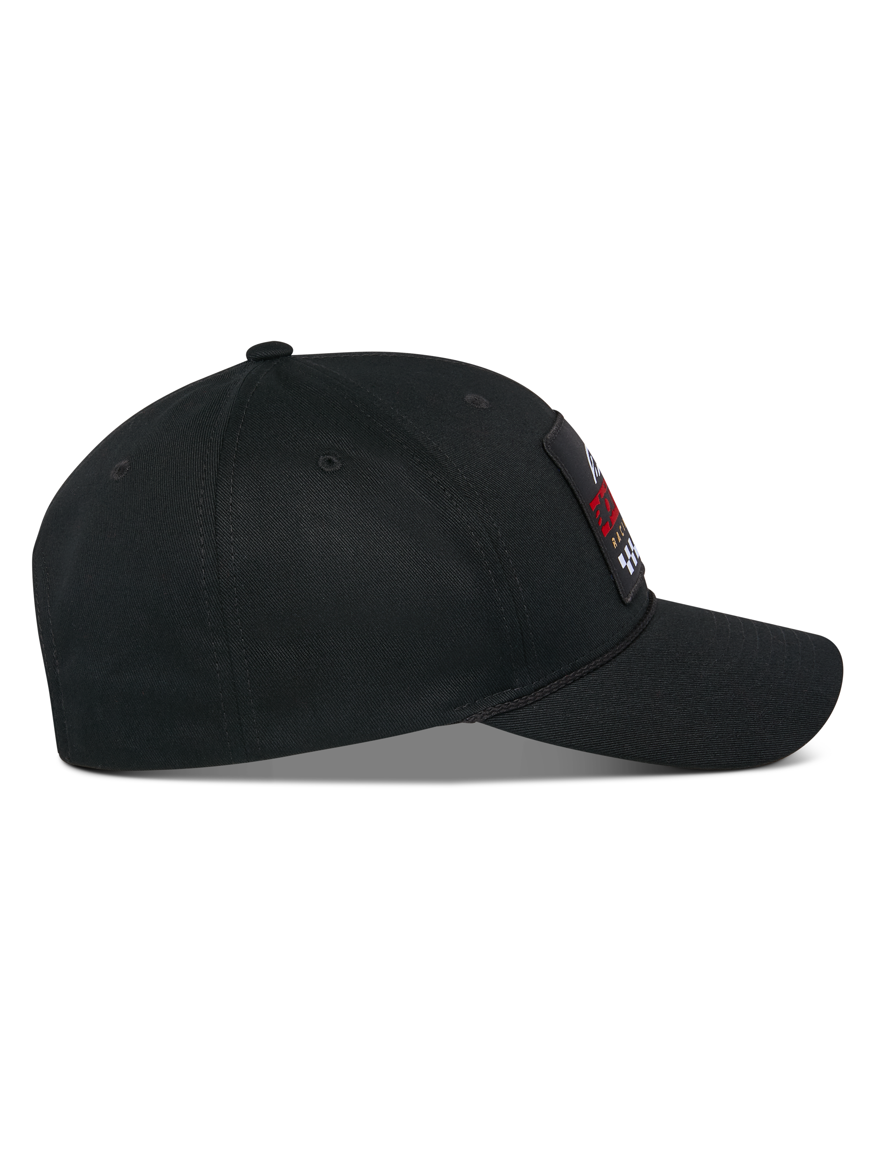 Alpinestars Matrix Snapback pet, zijprofiel, zwarte katoenen twill pet met een gebogen klep en gestructureerde kroon, voorzien van een meerkleurige geborduurde patch op de voorkant, casual motorsport streetwear