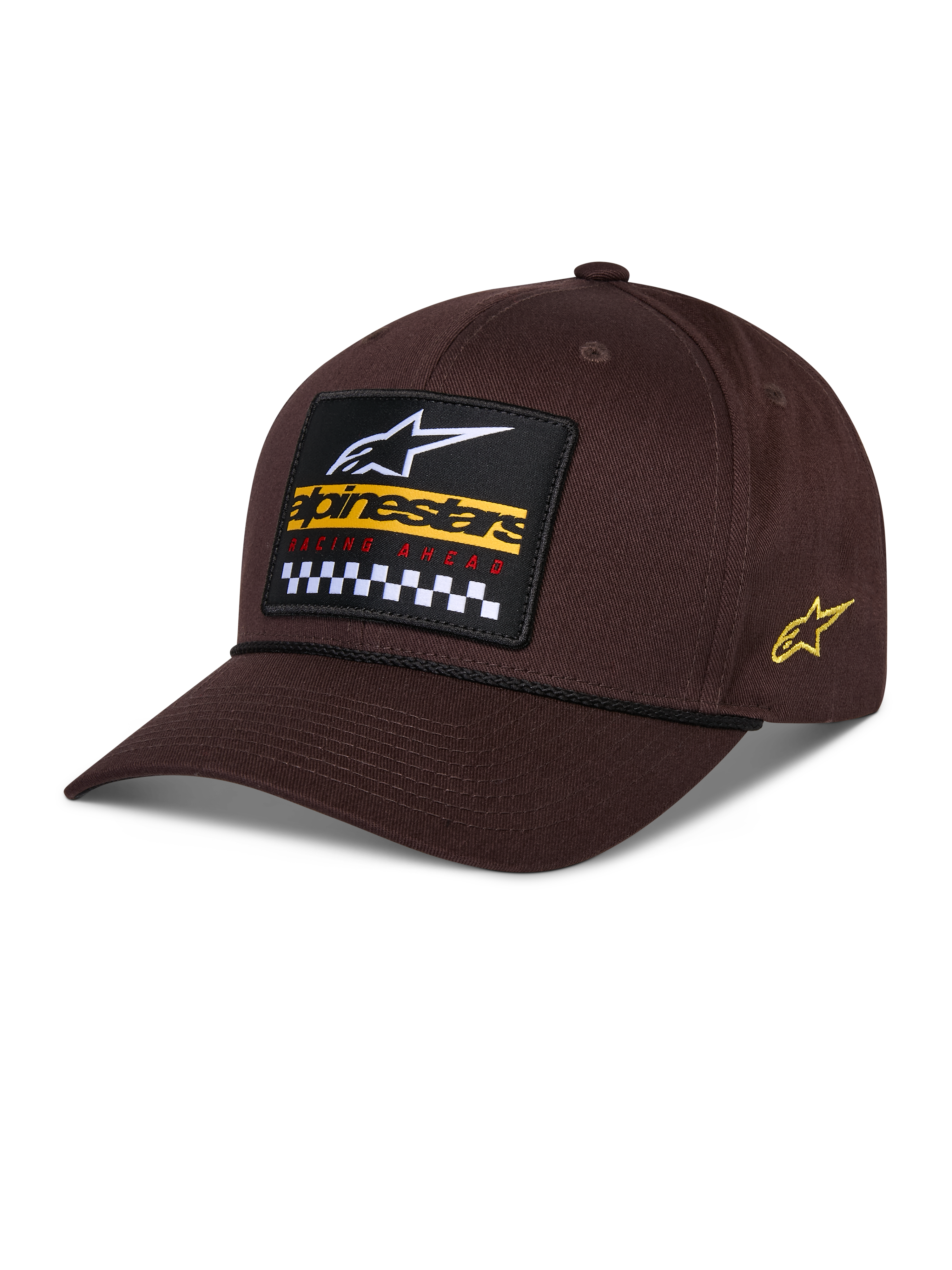 Alpinestars Matrix Snapback Hat, Brown, featuring a front embroidered patch with white logo, yellow branding, and checkered pattern, side Astars logo, curved bill, casual sportswear