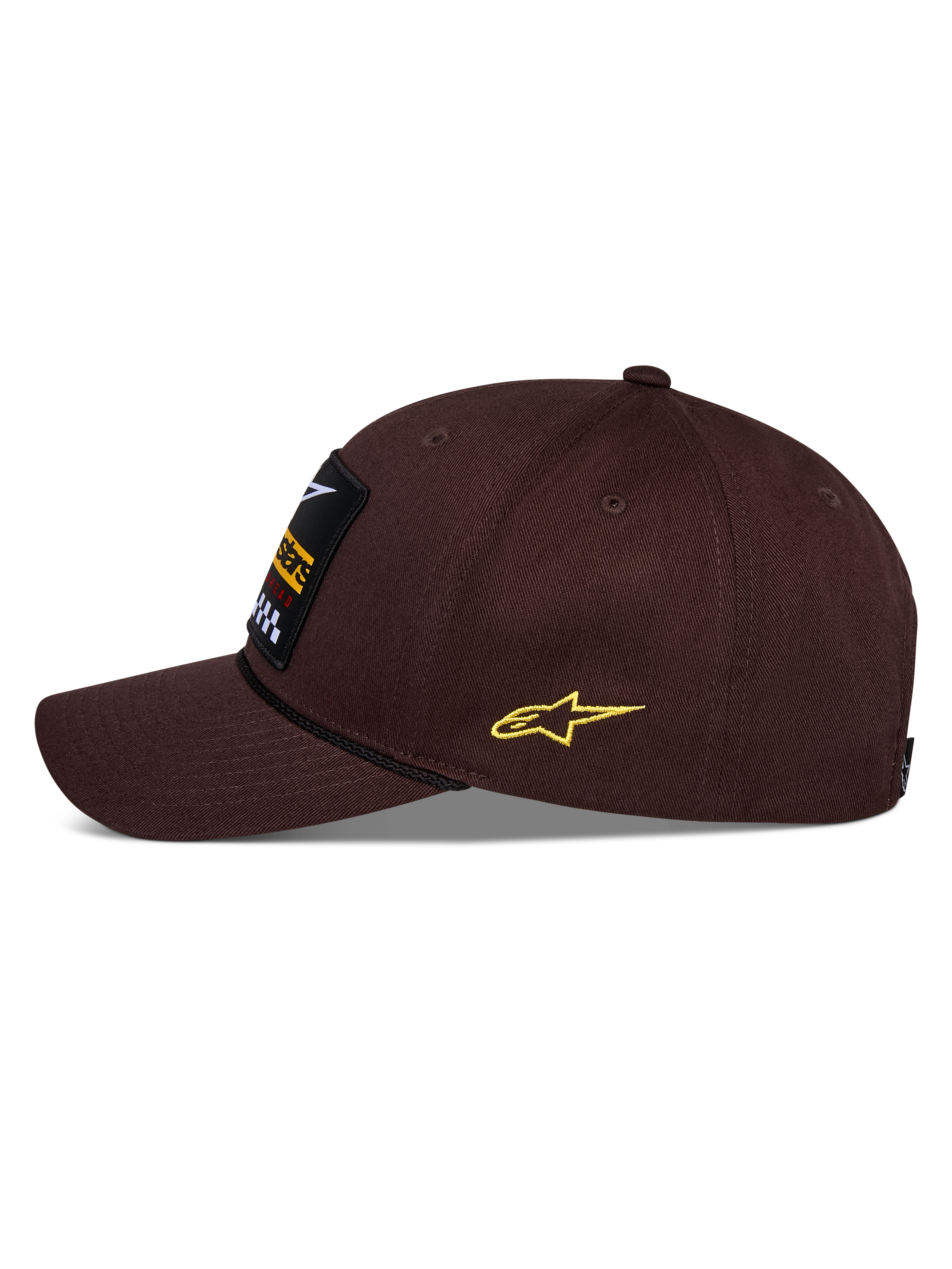 Alpinestars Matrix Snapback Hat, Brown, side view, curved bill with black rope detail, front embroidery patch, yellow side Astars logo, structured cotton twill construction, casual motorsport headwear