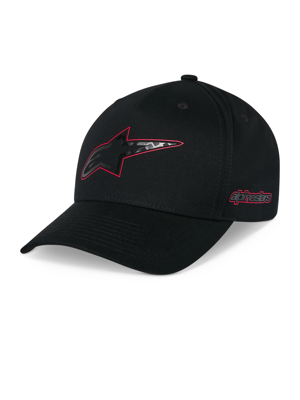 Alpinestars Carbon Fiber Snapback pet, zwart, gebogen klep met gestructureerde kroon, Astars-logo op de voorkant met rode omlijning en carbon fiber look, Alpinestars-woordmerk aan de zijkant in rood, casual motorsport hoofdbedekking