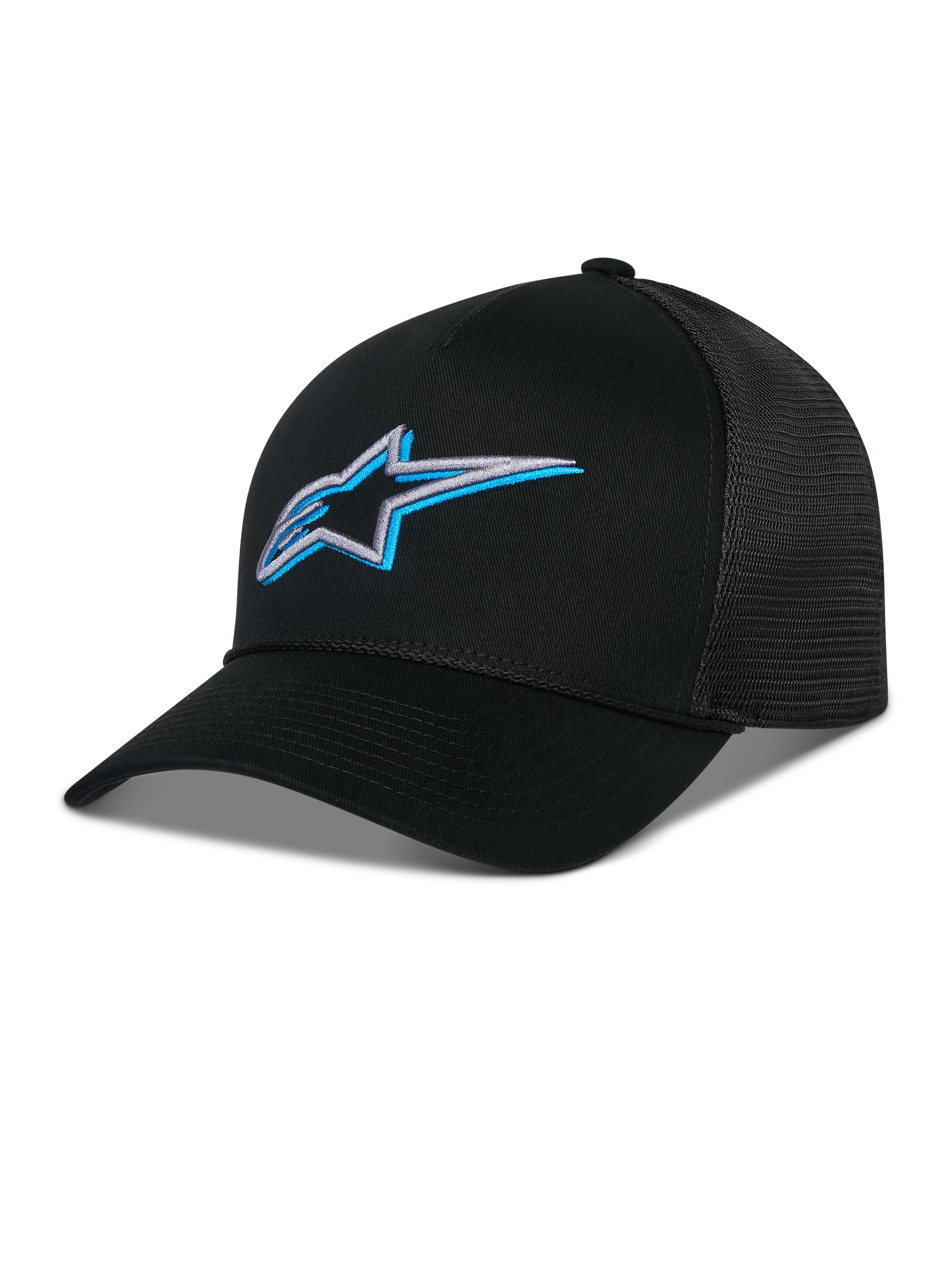 Alpinestars Ageless Shadow Trucker Pet, zwart met blauw en zilver 3D-geborduurd sterlogo, voorzien van een gebogen klep en ademende mesh achterpanelen, casual motorsport-geïnspireerde hoofdbedekking