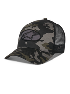 Alpinestars Oblique Camo Trucker pet, zwart camouflagepatroon met zwarte mesh achterkant, voorzien van een ovaal geborduurde Astars logo-patch aan de voorkant, gebogen klep en gestructureerde kroon, casual motorsport-geïnspireerde pet