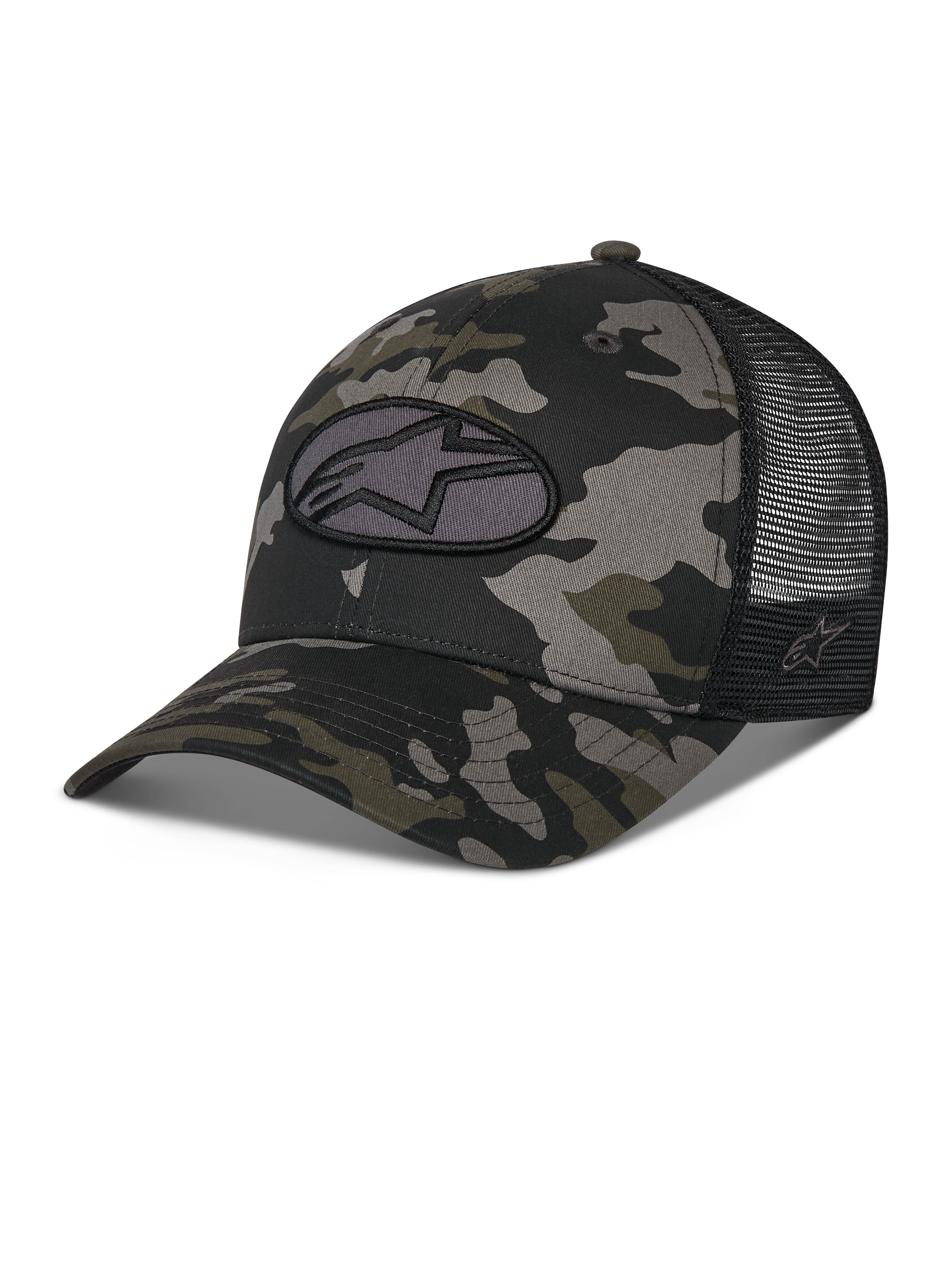 Alpinestars Oblique Camo Trucker pet, zwart camouflagepatroon met zwarte mesh achterkant, voorzien van een ovaal geborduurde Astars logo-patch aan de voorkant, gebogen klep en gestructureerde kroon, casual motorsport-geïnspireerde pet