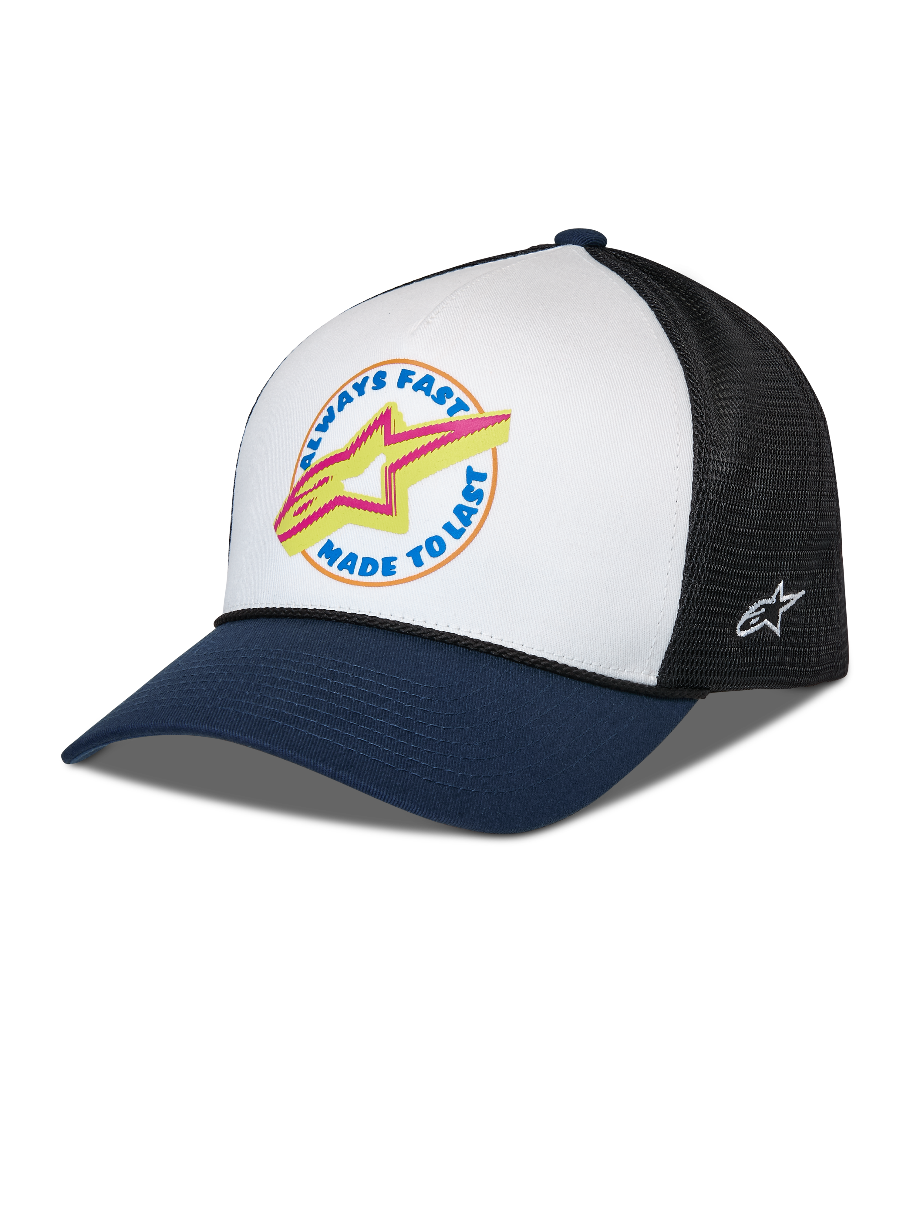 Alpinestars Aorbit Trucker Hat, White Navy and Black, curved navy bill with white front panel and black mesh back, front graphic with Always Fast Made to Last text and yellow Astars logo, side embroidered logo, casual motorsport-inspired headwear