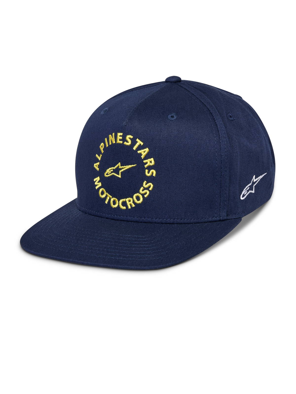 Alpinestars MX Snapback Pet, marineblauw, platte klep met gestructureerde kroon, gele geborduurde Alpinestars Motocross-graphic aan de voorzijde, wit Astars-logo aan de zijkant, katoenen keperstof, casual motorsport headwear