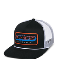 Alpinestars Phosphor Trucker Hat, Black and White, flat bill with structured crown and white rope detail, front Astars multi-color patch with orange border and "RACING AHEAD" text, breathable white mesh back with side logo embroidery