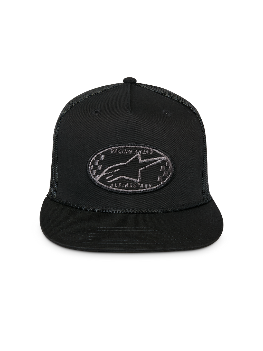Alpinestars Contender Trucker Hat, Black, Structured Snapback Cap with Flat Bill, Front Oval Astars Logo Checkers Embroidery Patch, Mesh Back, Casual Sportswear Headwear
