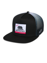 Alpinestars Cali Gradient Trucker Hat, Trucker Cap, Black with grey gradient mesh back, featuring a Cali Bear woven label patch with red accents, flat bill, side Astars logo embroidery, casual sportswear