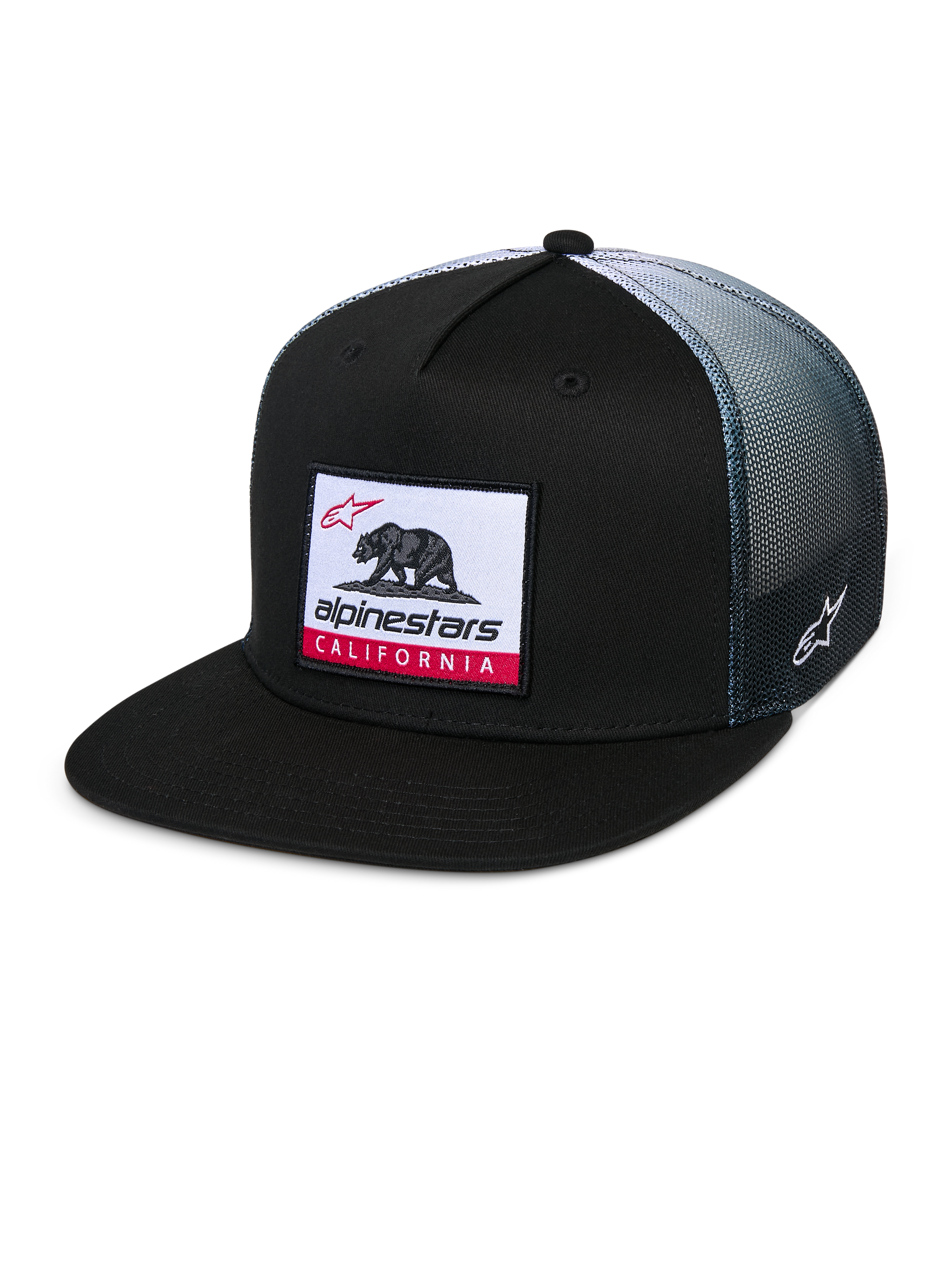 Alpinestars Cali Gradient Trucker Hat, Trucker Cap, Black with grey gradient mesh back, featuring a Cali Bear woven label patch with red accents, flat bill, side Astars logo embroidery, casual sportswear