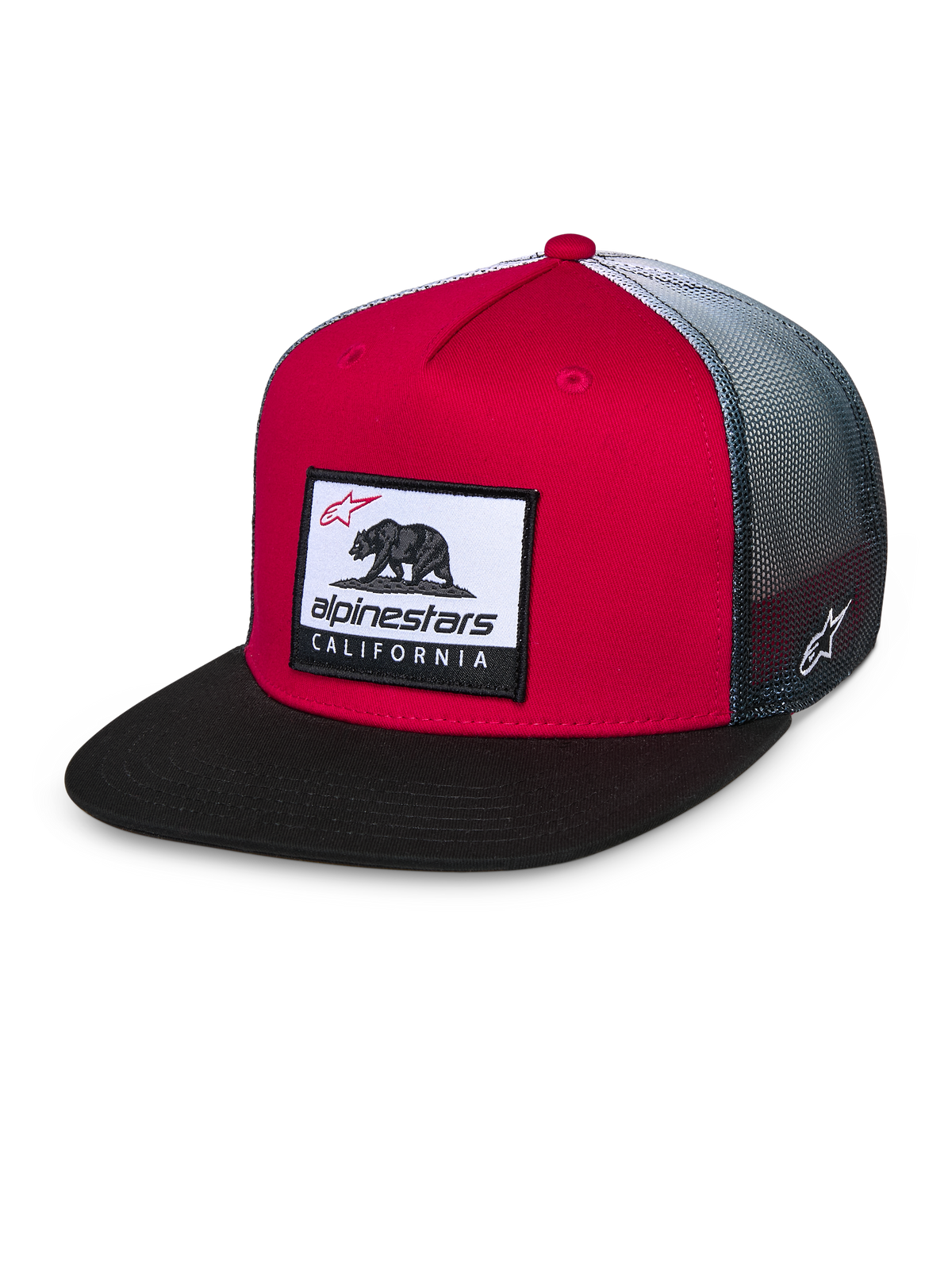 Alpinestars Cali Gradient Trucker-pet, rood, zwart en wit, gestructureerde rode kroon met zwarte platte klep, grijze mesh achterkant met kleurverloop, voorzien van een geweven Cali Bear-patch en geborduurd logo aan de zijkant, casual motorsport hoofddeksel