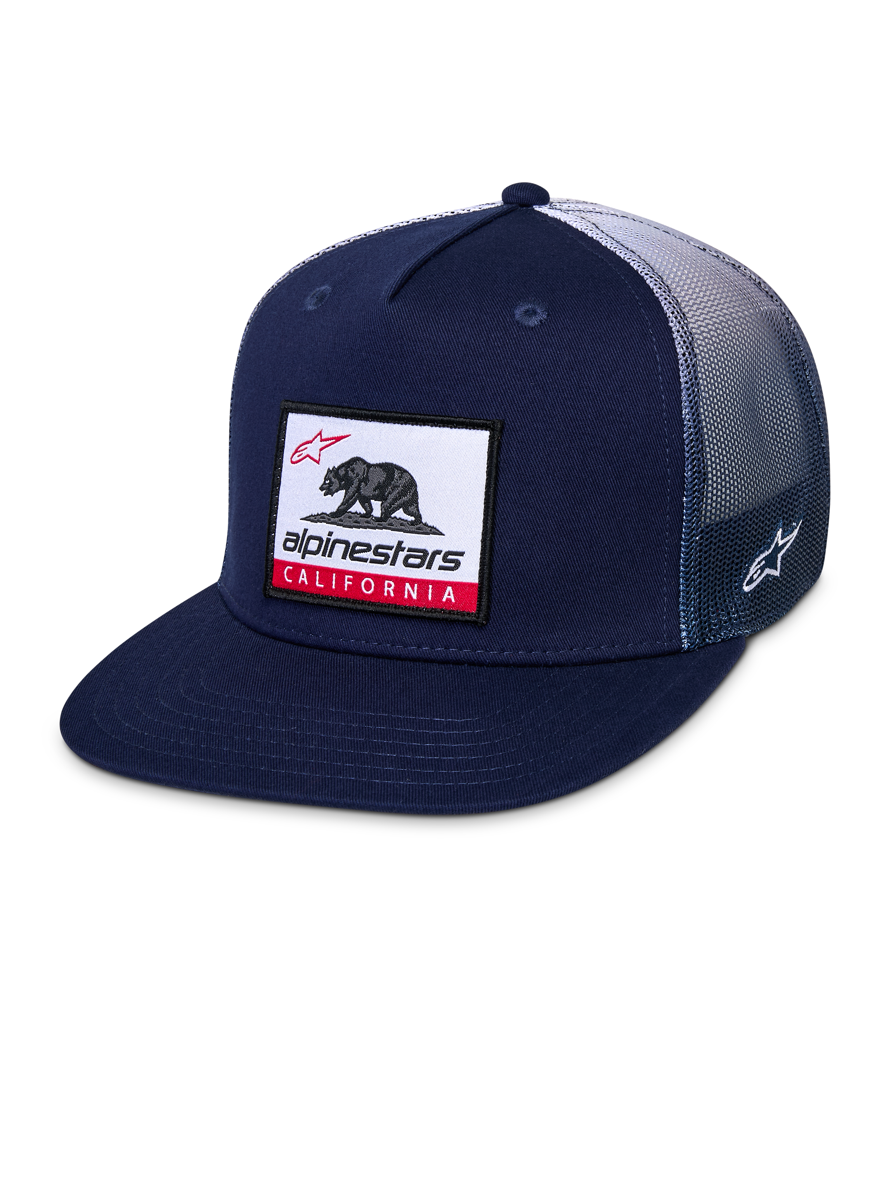Alpinestars Cali Gradient Trucker pet, snapback cap, marineblauw en wit, voorzien van een platte klep, geweven patch met California bear aan de voorzijde, poly mesh achterzijde met kleurverloop en geborduurd Astars-logo op de zijkant