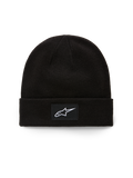 Alpinestars Augment Cuff Beanie, Knit Jersey Stitch Beanie, Black, featuring a woven patch with white Astars logo on the front cuff, casual motorsport streetwear