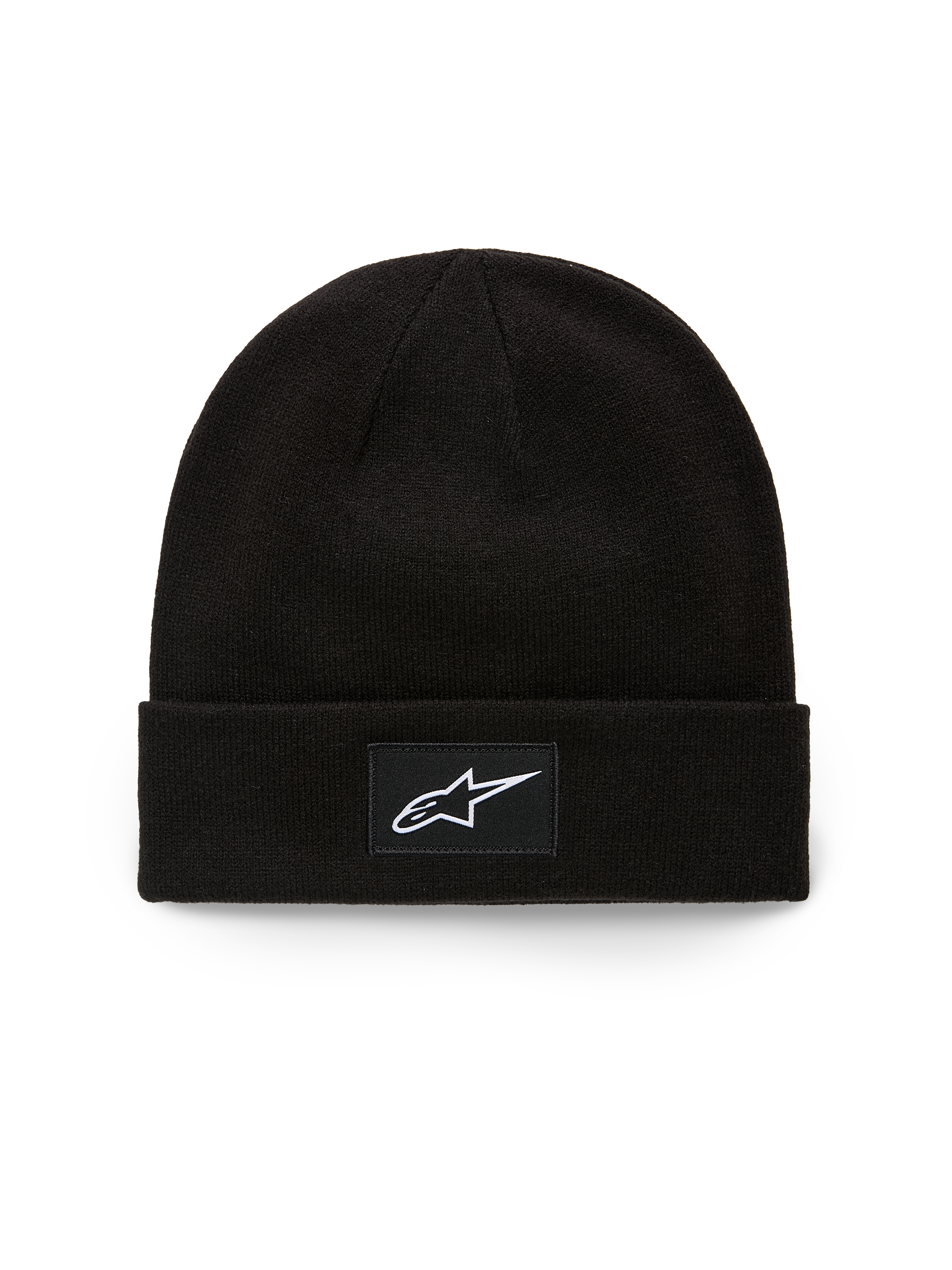 Alpinestars Augment Cuff Beanie, Knit Jersey Stitch Beanie, Black, featuring a woven patch with white Astars logo on the front cuff, casual motorsport streetwear