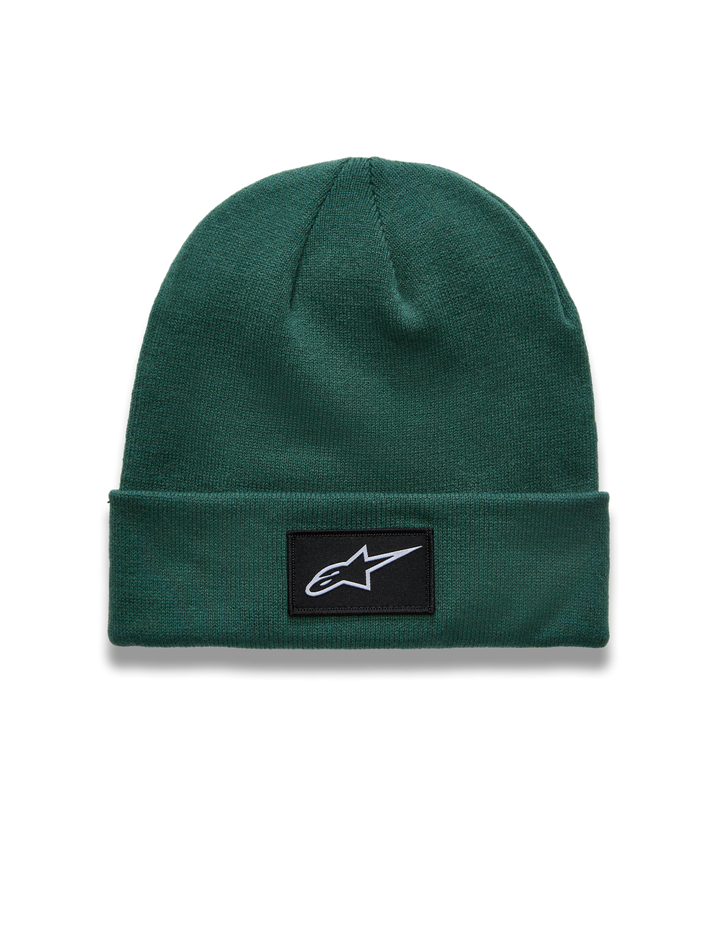 Alpinestars Augment Cuff Beanie, green knit jersey sportswear hat with a black star logo patch on the folded cuff.