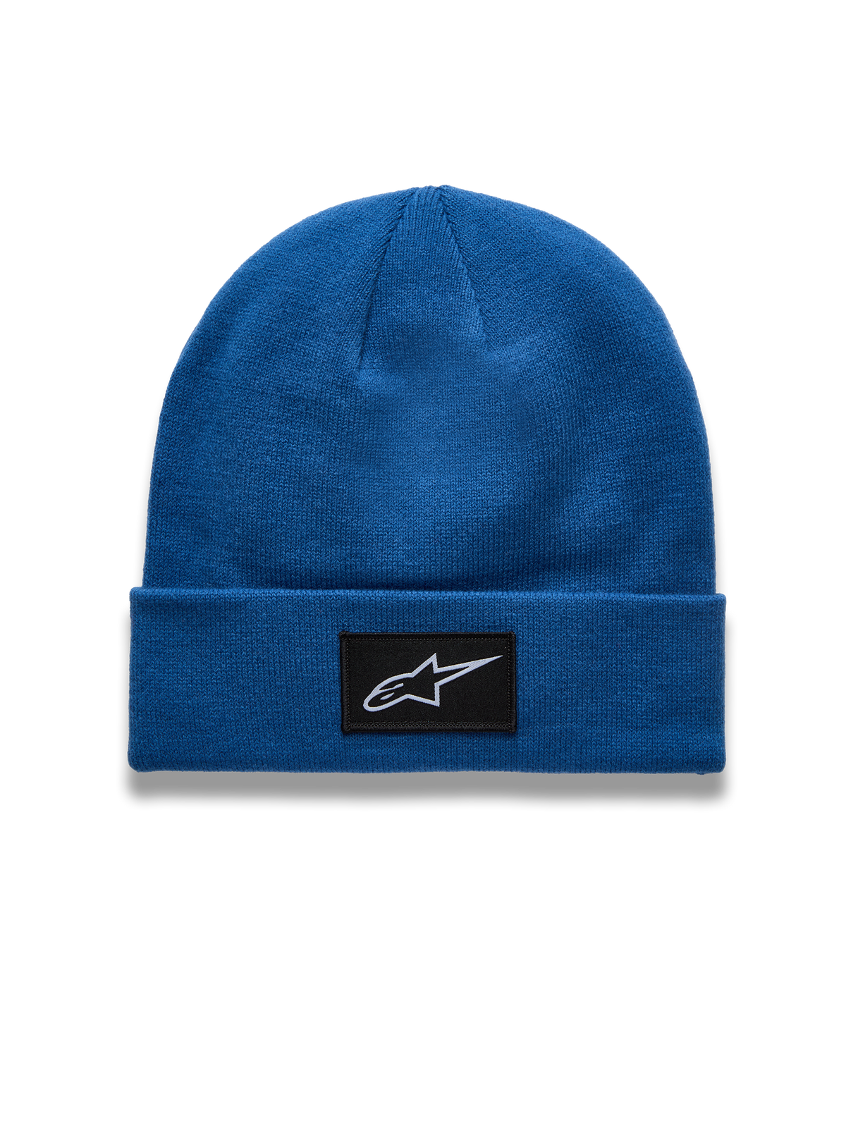 Alpinestars Augment Cuff Beanie, Blue knit jersey sportswear hat featuring a woven black Astars logo patch.