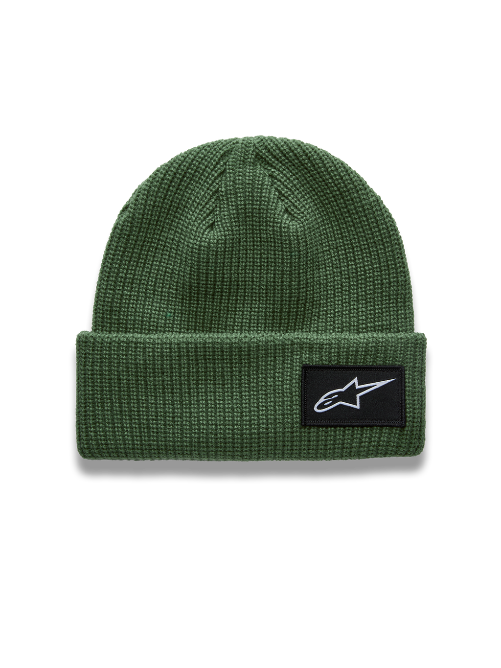 Alpinestars Unload Rib Cuff muts, groene ribgebreide sportswearmuts met een geweven Astars-logopatch op de voorkant.