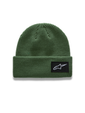 Alpinestars Unload Rib Cuff muts, groene ribgebreide sportswearmuts met een geweven Astars-logopatch op de voorkant.